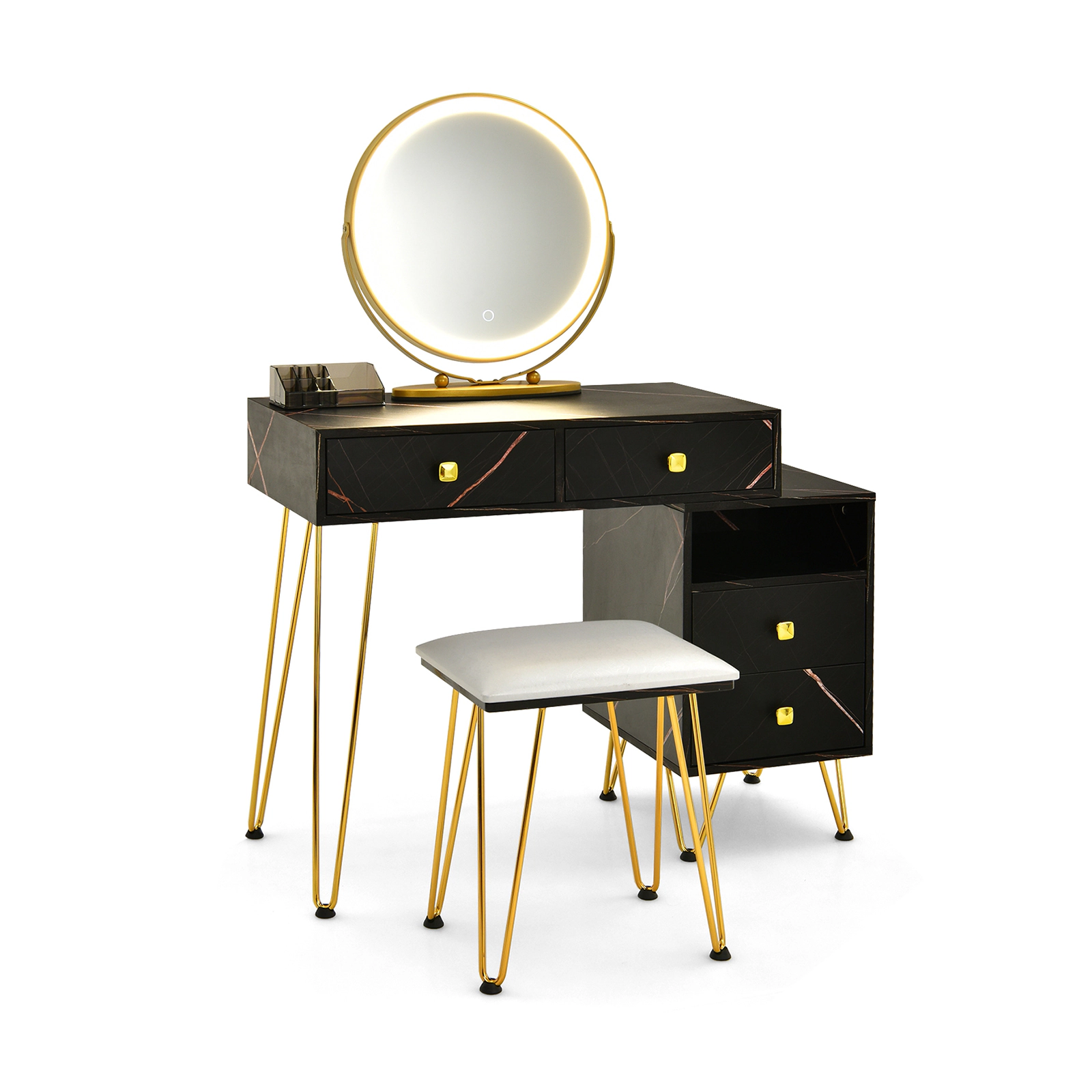 SUGIFT Modern Dressing Table with Storage Cabinet, Stool and LED Mirror 88-lb Table 220-lb Stool Capacity Black