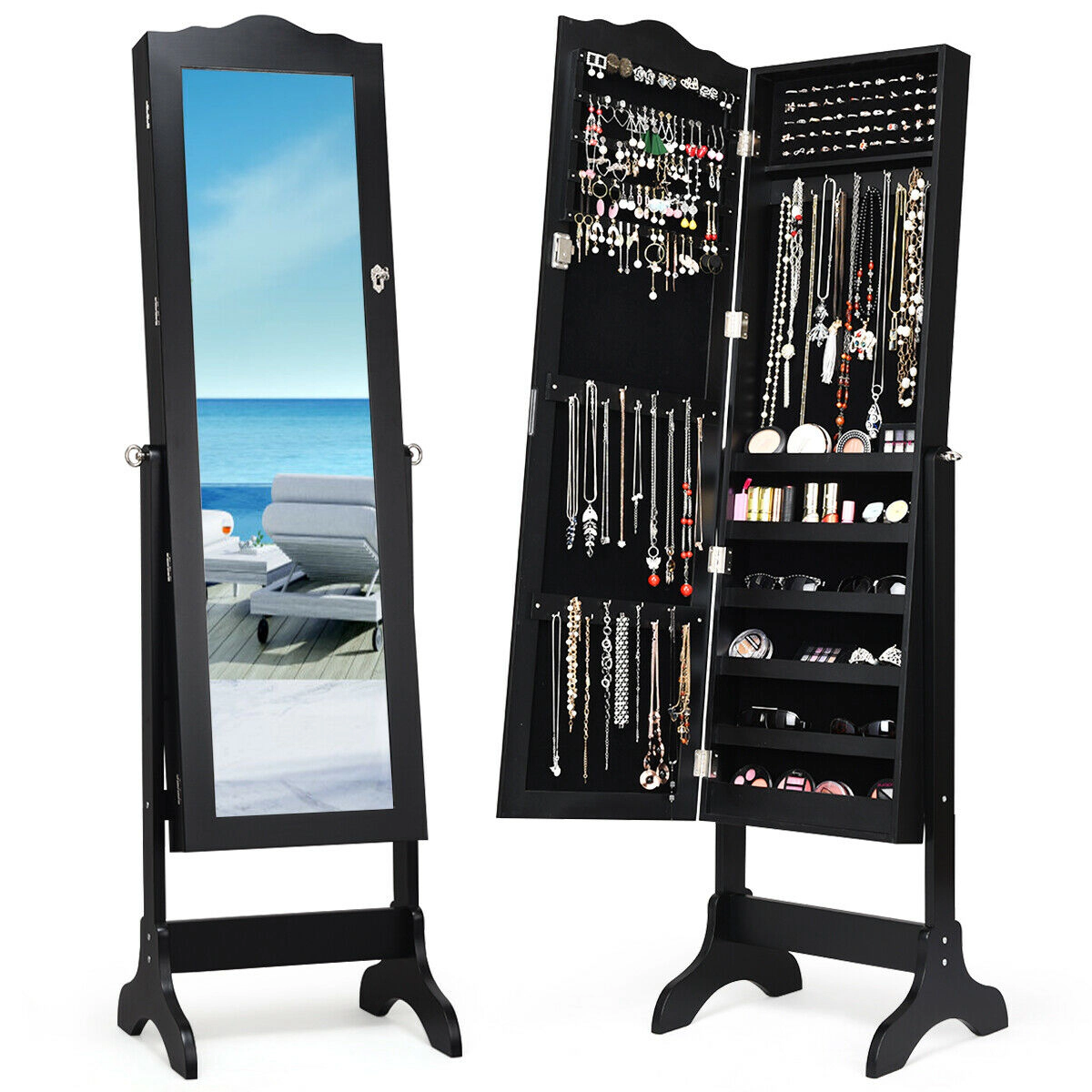 SUGIFT Full-Length Mirrored Lockable Jewelry Cabinet Armoire Organizer 43.5-in Glass Mirror & 18.5-in Wide MDF Frame