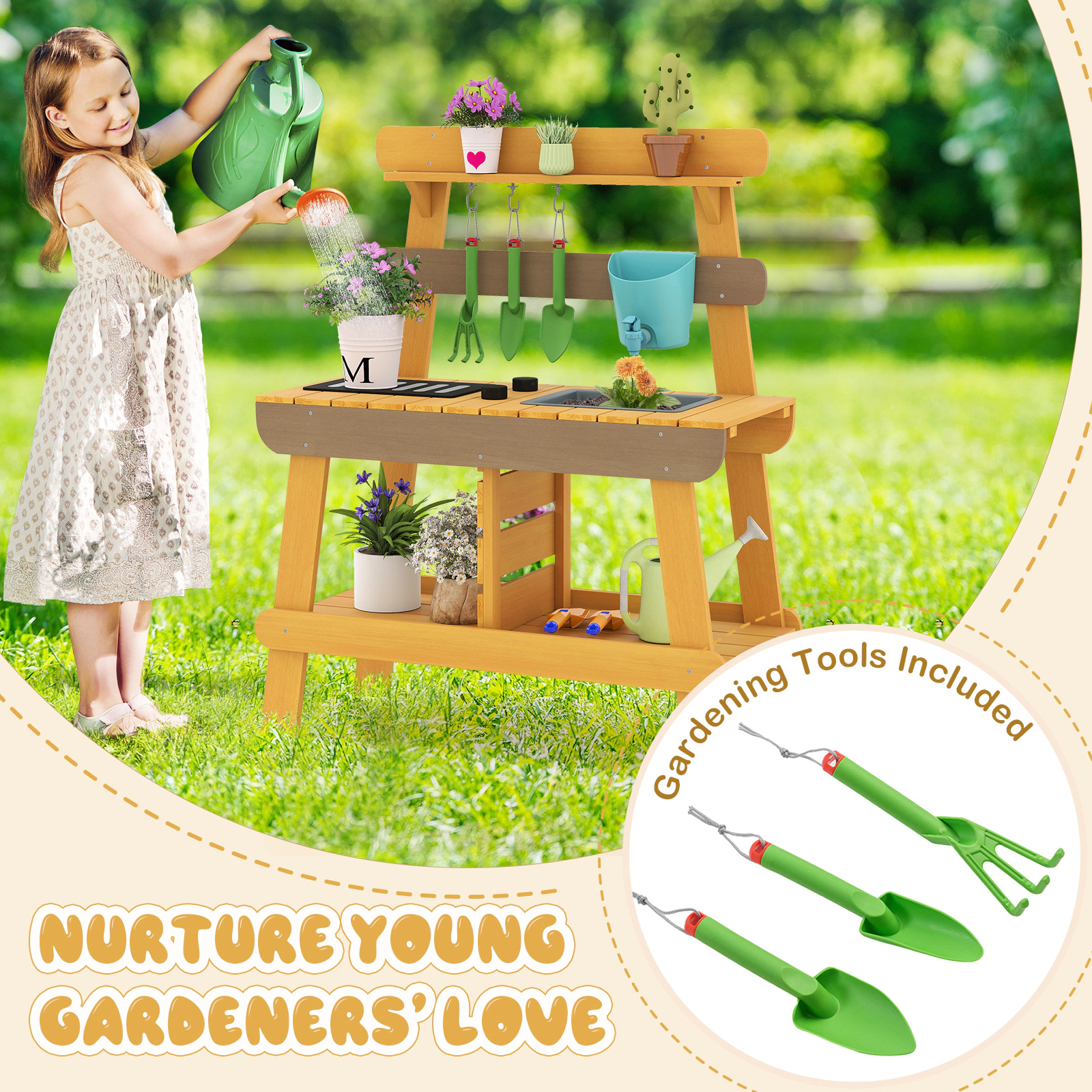 SUGIFT Outdoor Wooden Mud Kitchen Playset with Grill Rack Sink and Storage 30.5 x 14 x 37.5 in Ages 3-8 Natural