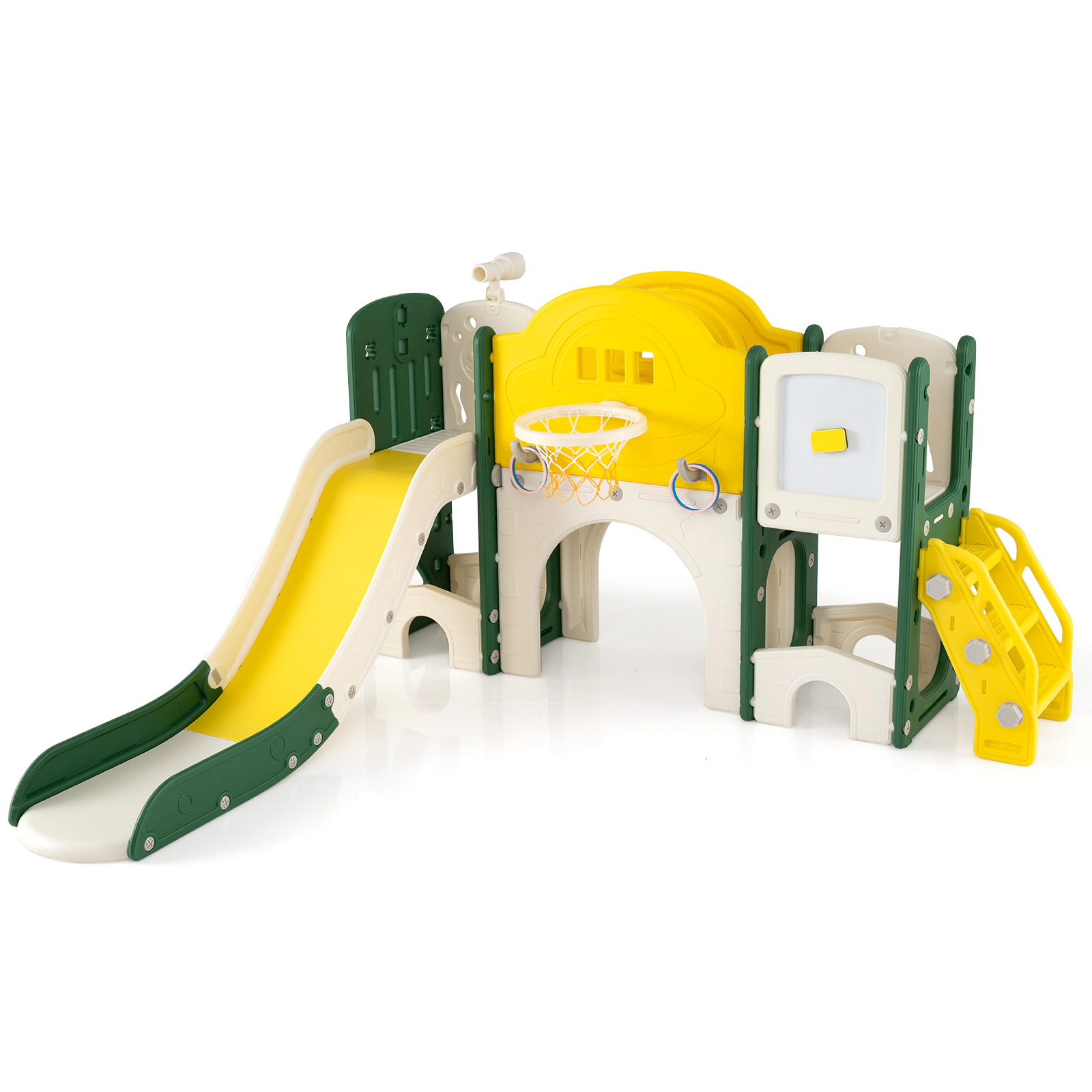 SUGIFT Yellow Whiteboard 10-in-1 Toddler Slide and Climber Playset Indoor Playground