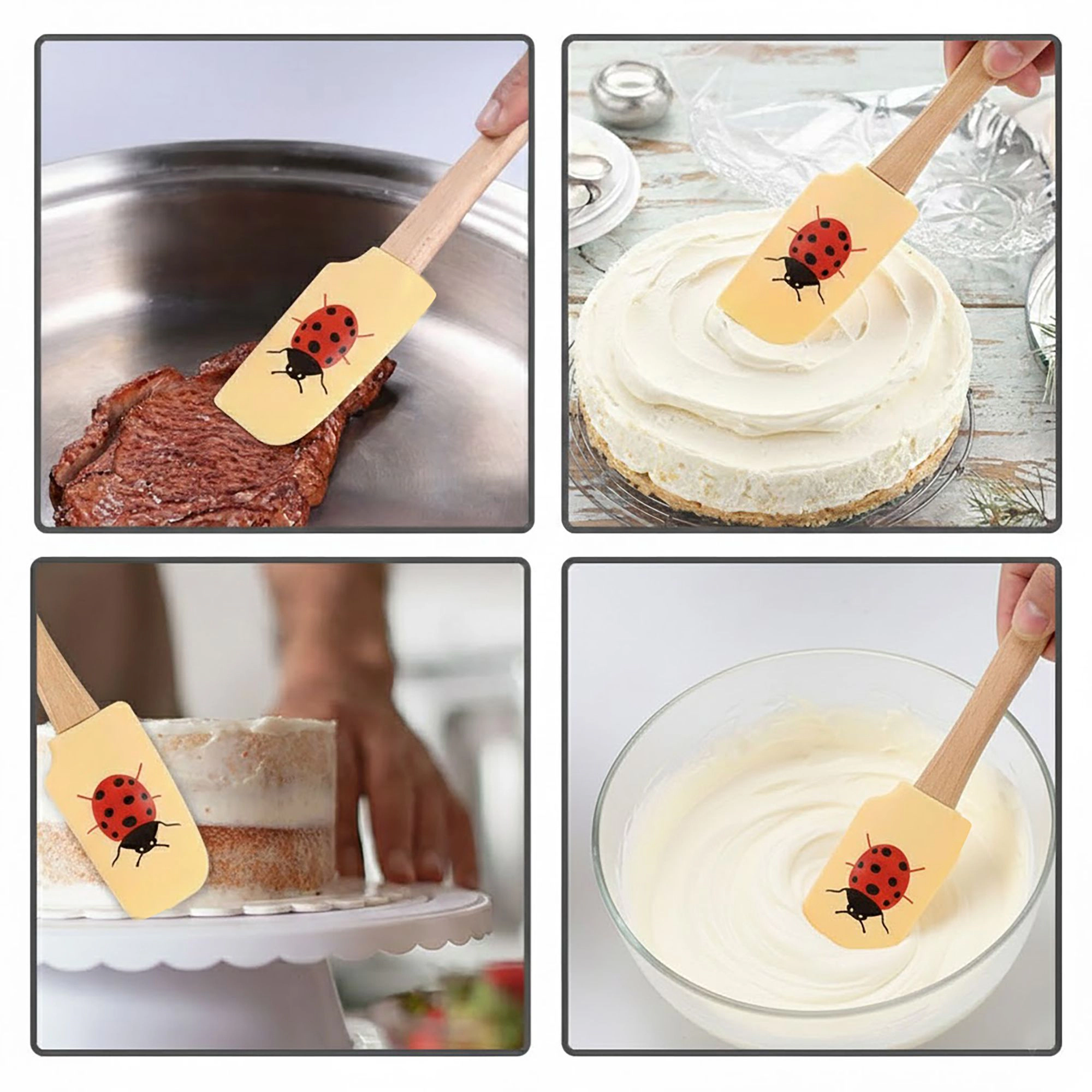 Alilang Women Silicone Spatula Set with Wooden Handles Bee Ladybug Flower Print Heat Resistant Kitchen Baking Tools 3 Pi