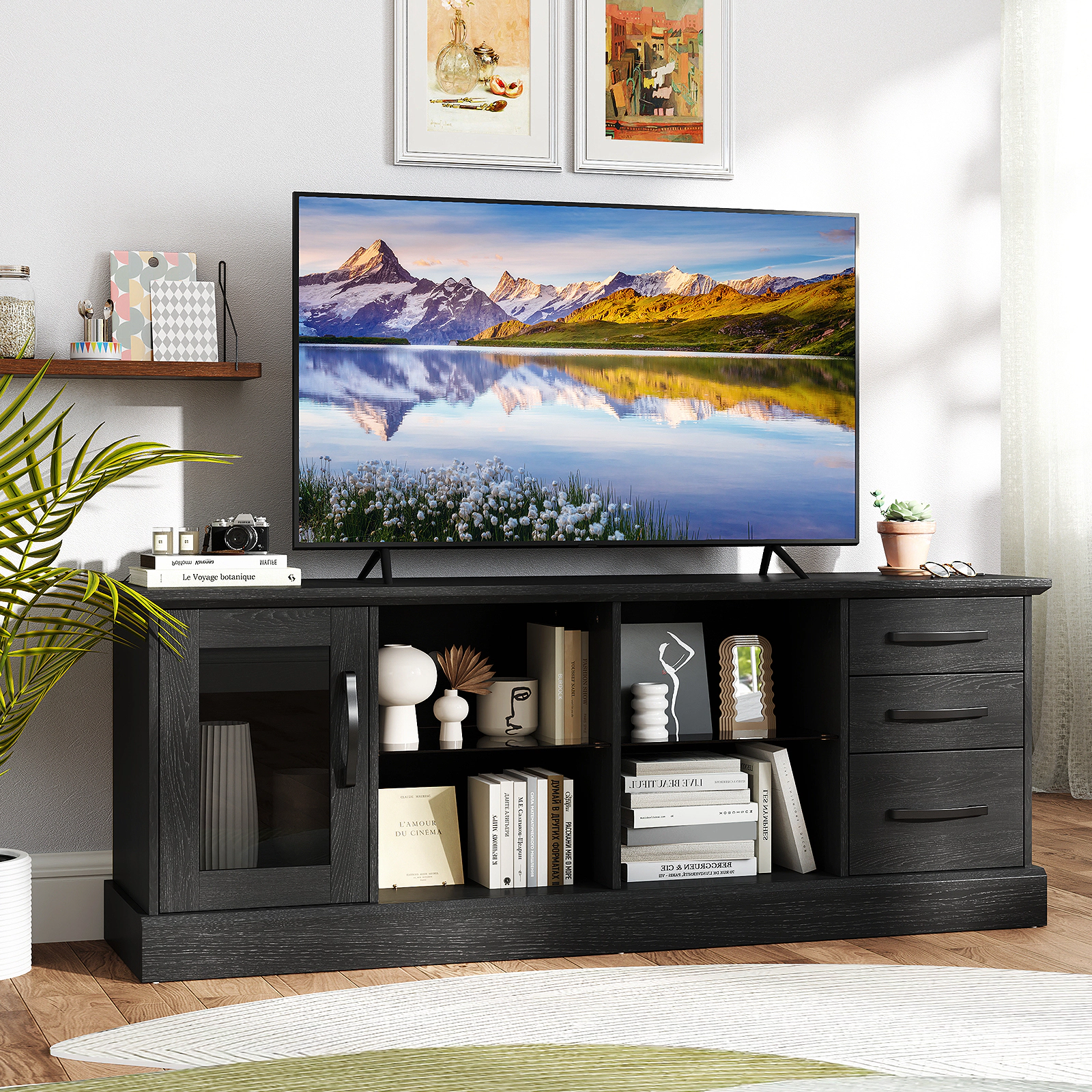 LJG 63 Inches Media Console Table with 3 Drawers and 2 Glass Shelves