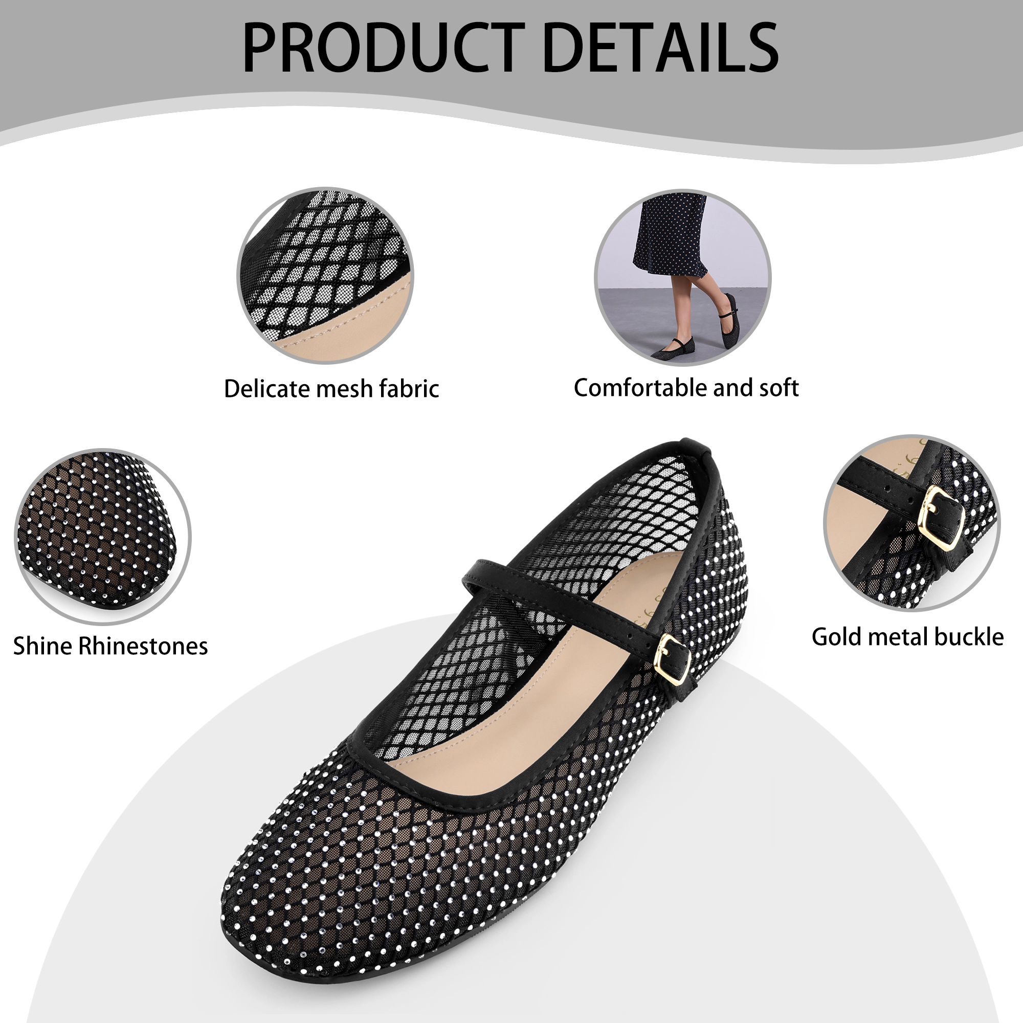 BLISSFUL STEP Women's Rhinestone Breathable Mesh Ballet Flats Pumps