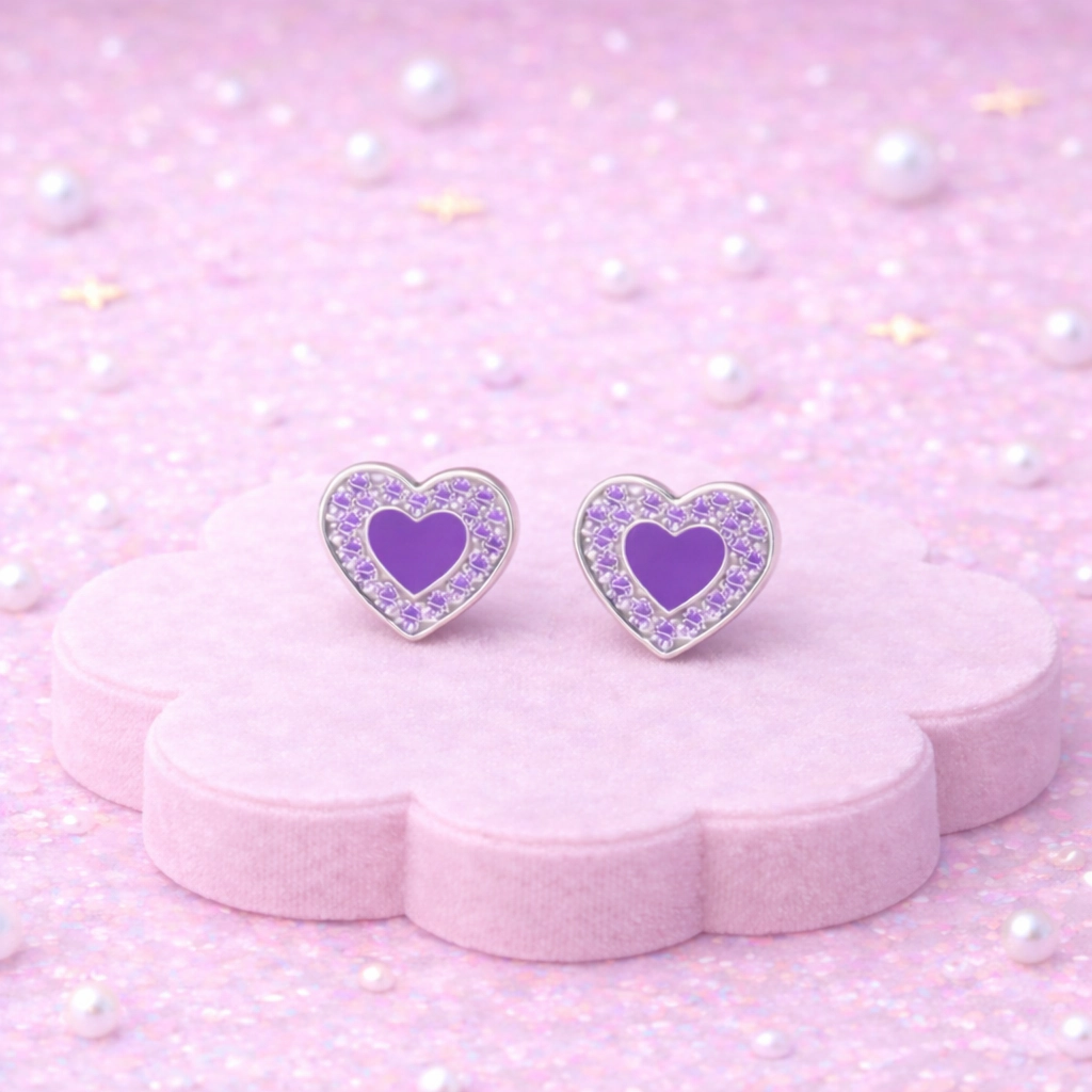 CHANTEUR Kids Heart Stud Earrings - Hypoallergenic Surgical Titanium Screwback, Silver-Plated with Purple Cubic Zirconia