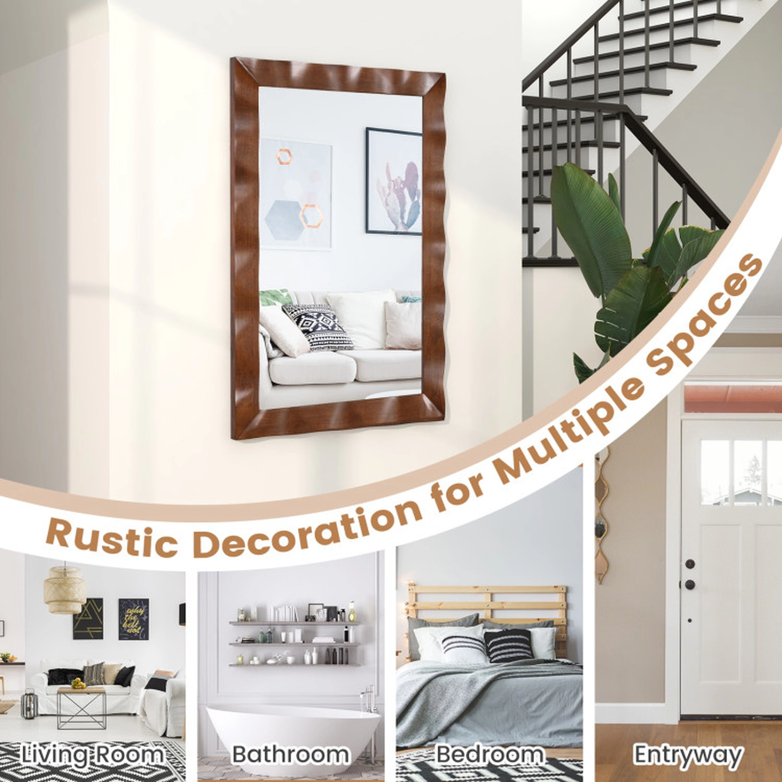 SUGIFT 41.5 x 28 in Farmhouse Rectangular Wall Mirror with 1-in Thick Rubberwood Frame and MDF Back Brown