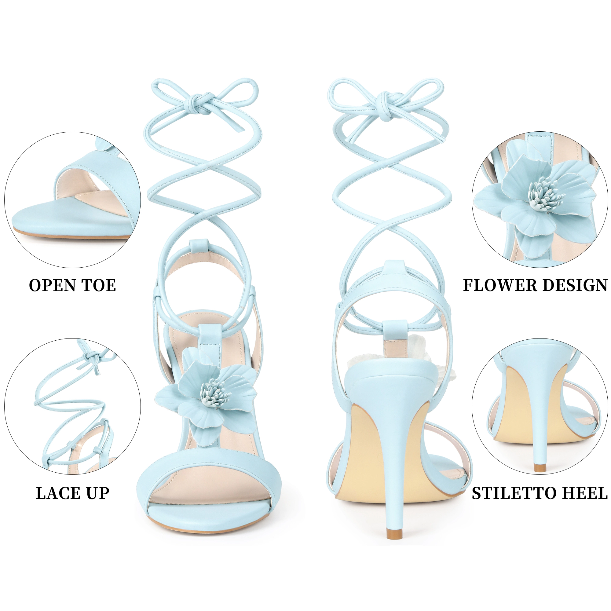 BLISSFUL STEP Women's Flower T-Strap Lace Up Stiletto High Heel Slingback Sandals