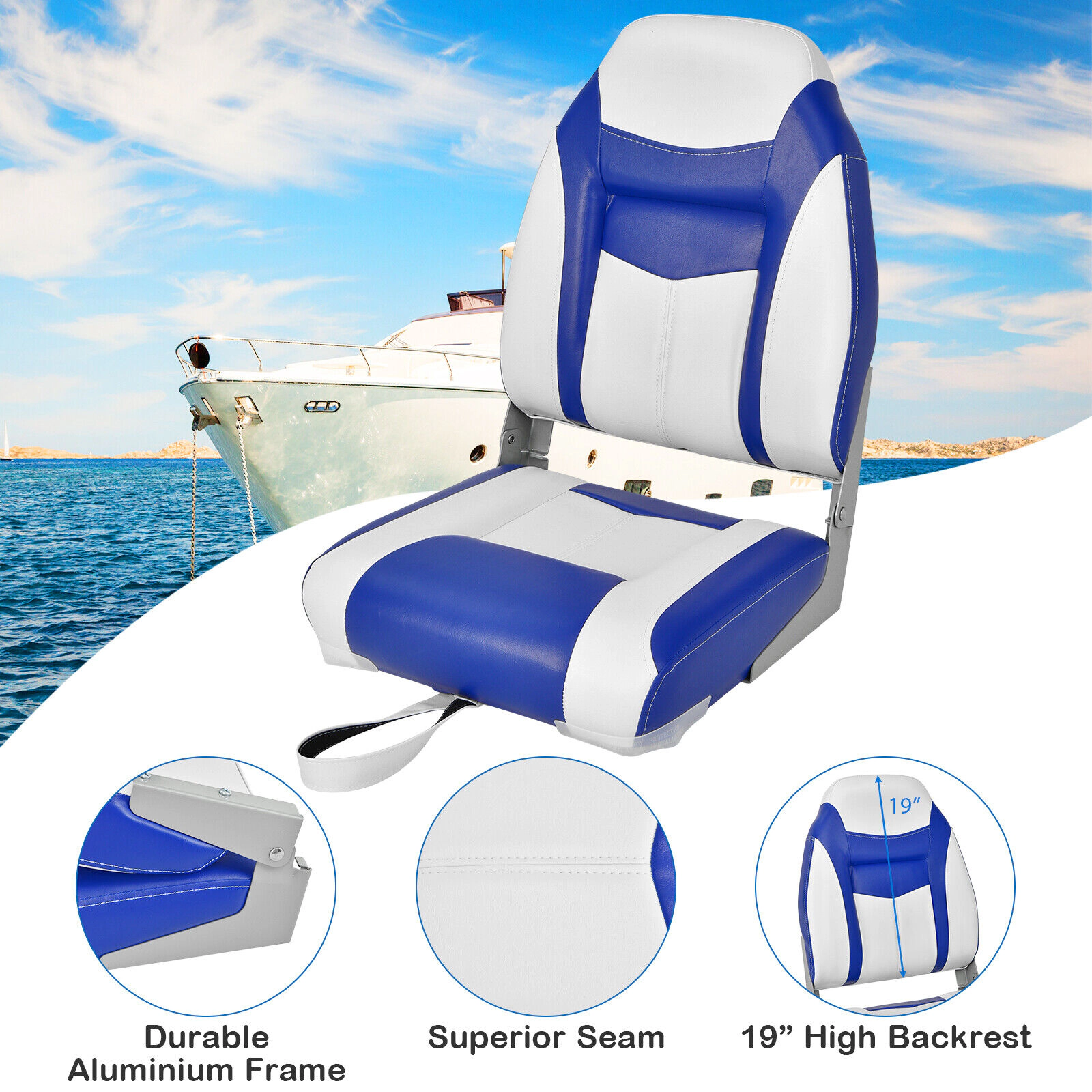 SUGIFT Set of 2 High-Back Folding Boat Seats, 250-lb Capacity, Waterproof PVC, Aluminum Hinges