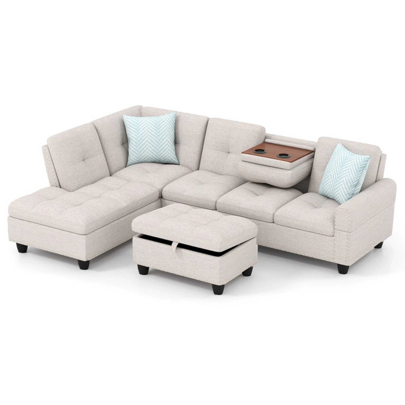 SUGIFT Movable Storage Ottoman and Chaise Linen Fabric 98 Sectional Sofa Couch