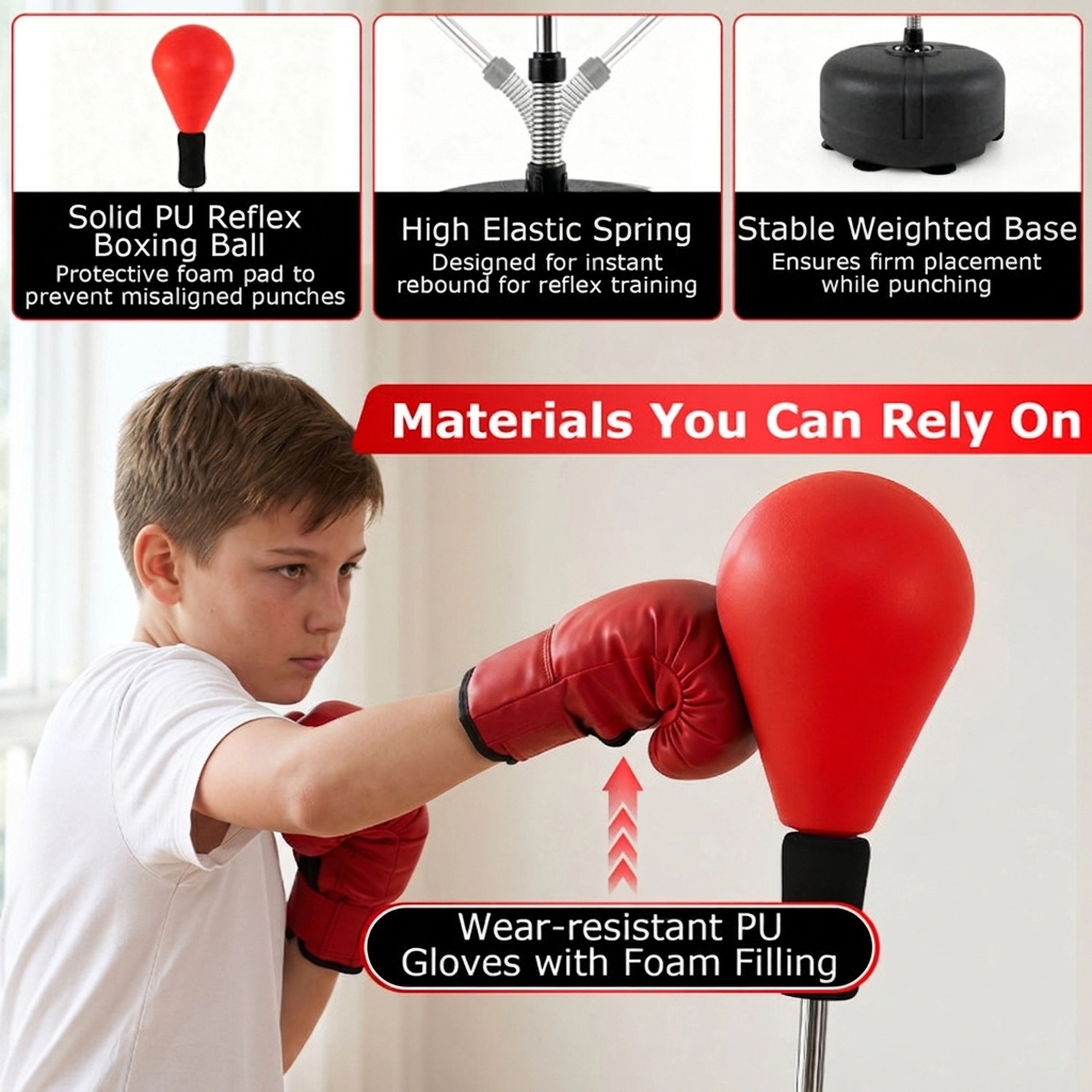 SUGIFT Teen and Adult Red 4-Level Adjustable Punching Bag with Stand and Boxing Gloves 19-in W 54.5-in to 62-in H