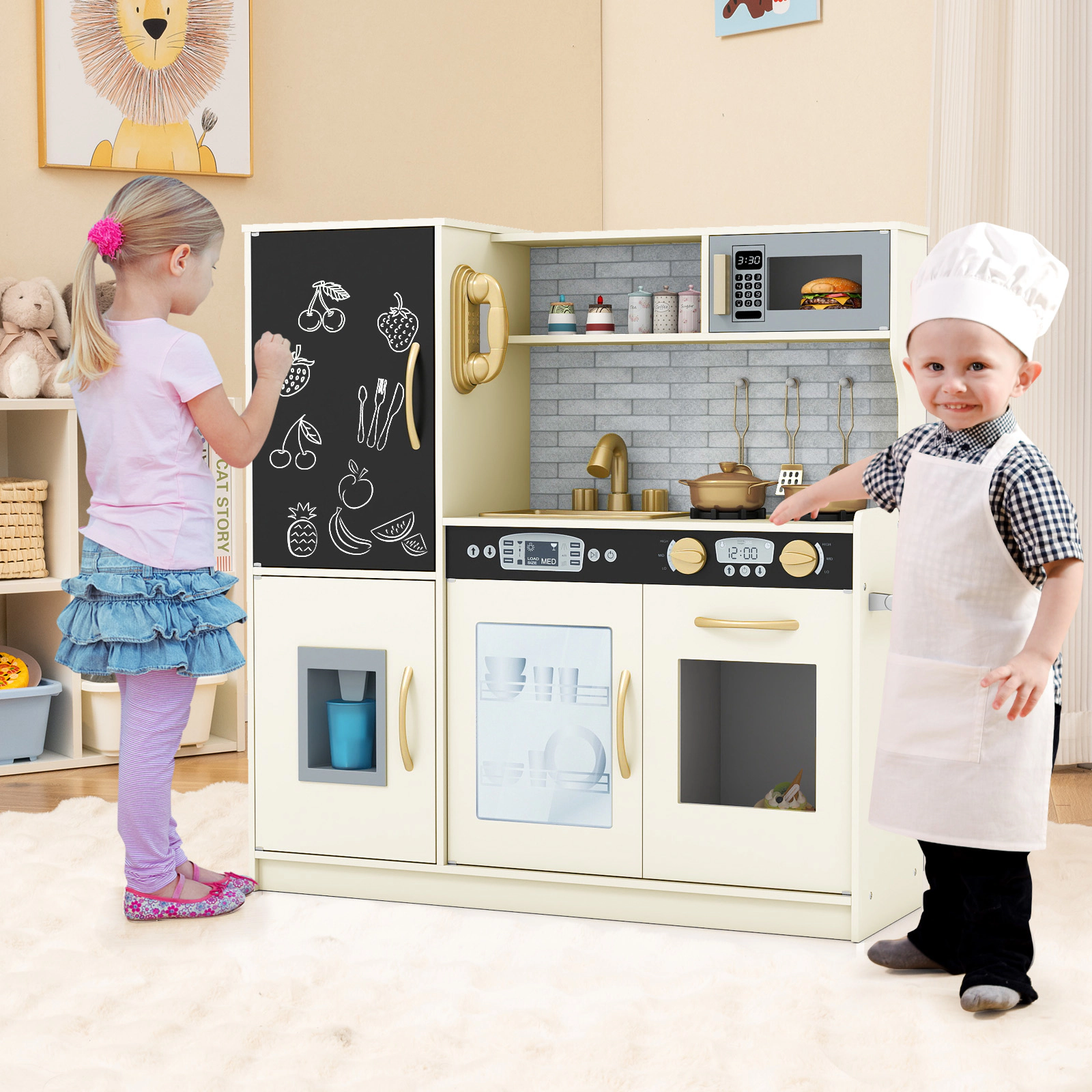 Pretend Play Kitchen Simulated Microwave Dishwasher Ice Maker Oven 32-in Toy Kitchen Playset Ages 3-6 Cream White