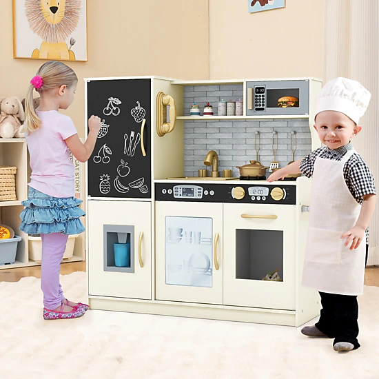 Pretend Play Kitchen Simulated Microwave Dishwasher Ice Maker Oven 32-in Toy Kitchen Playset Ages 3-6 Cream White