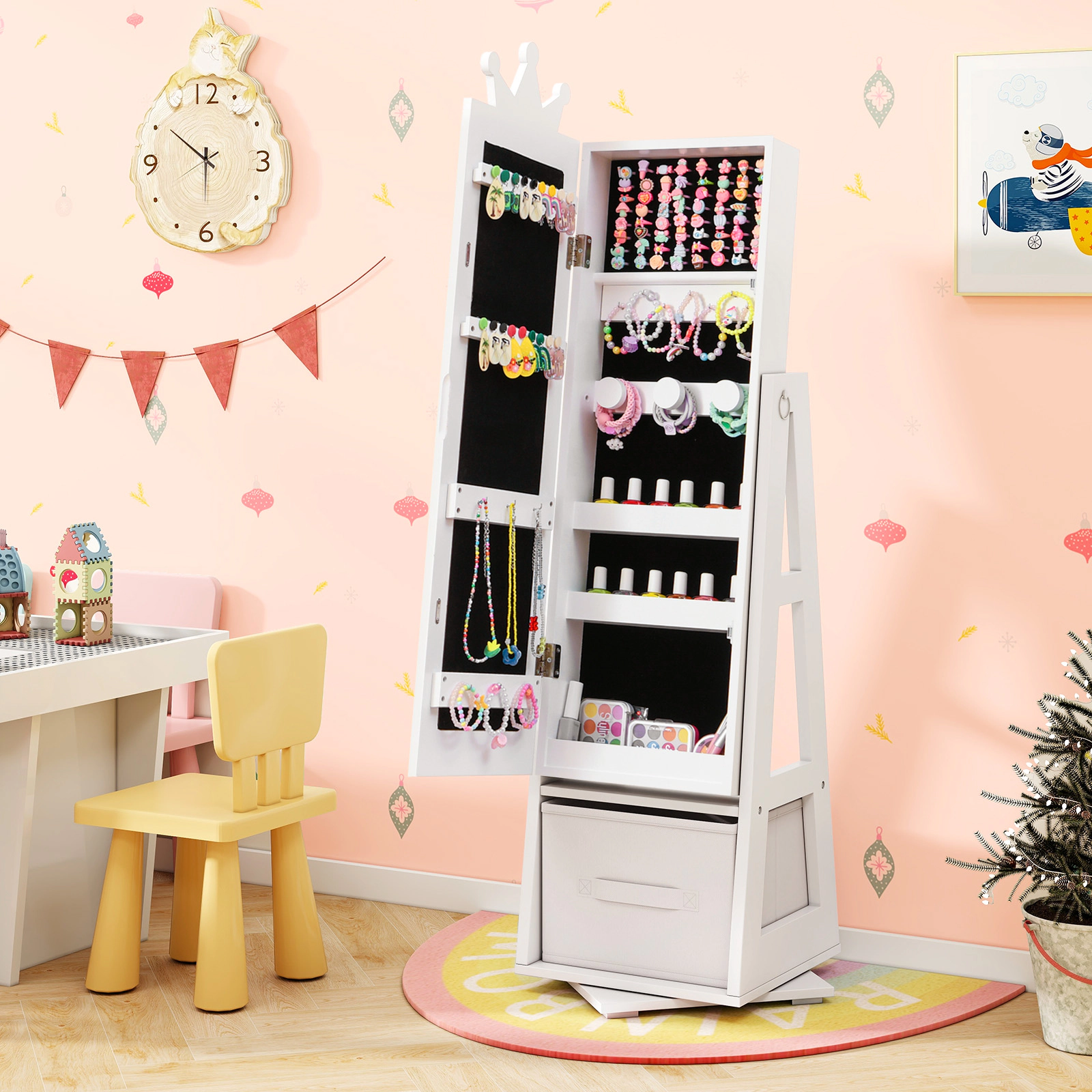 SUGIFT 46-in White Kids Jewelry Armoire with Full-Length Mirror and Swivel Cabinet for Bedroom Playroom
