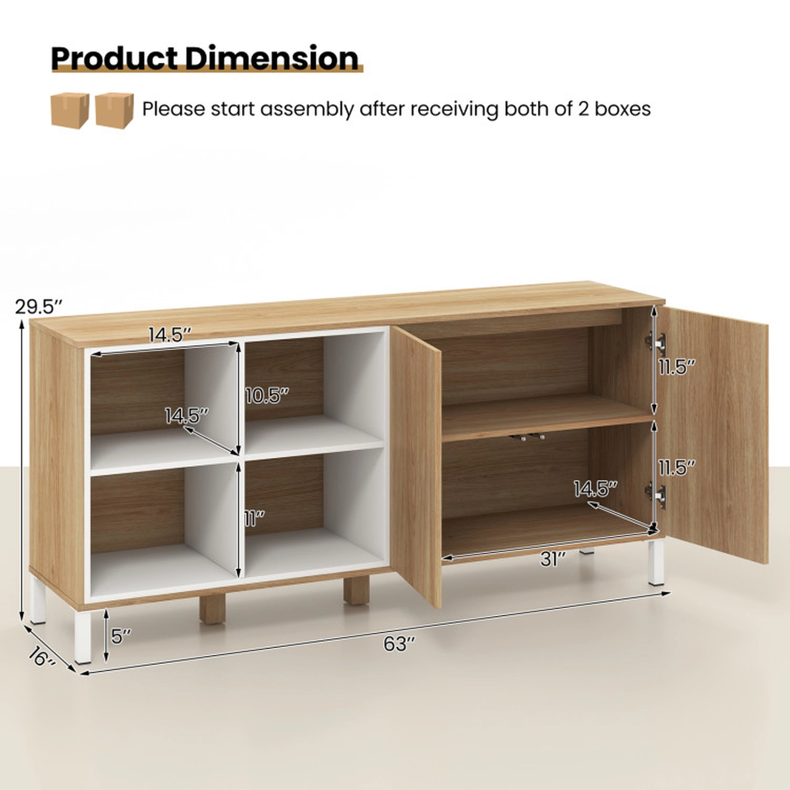 SUGIFT 4-Cube Push-to-Open Doors Adjustable Shelf Buffet Sideboard 63-in x 16-in x 29.5-in 105-lb Net Weight Natural