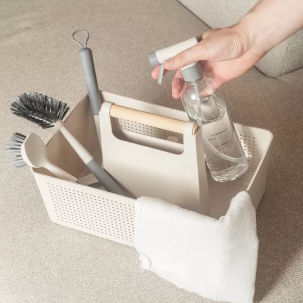 OU 8-Piece Home Cleaning Tools Set- Silicone Squeegee, Scrub Brushes Spray Bottle & Organizer Caddy for Bathroom Kitchen