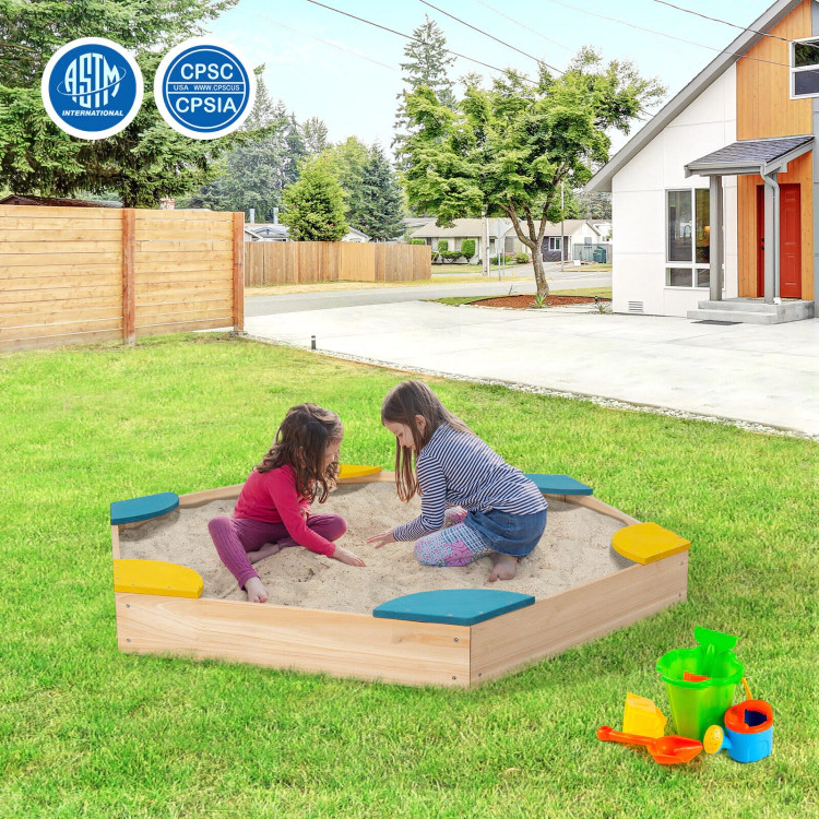 Hivvago Outdoor Solid Wood Sandbox with 6 Built-in Fan-shaped Seats