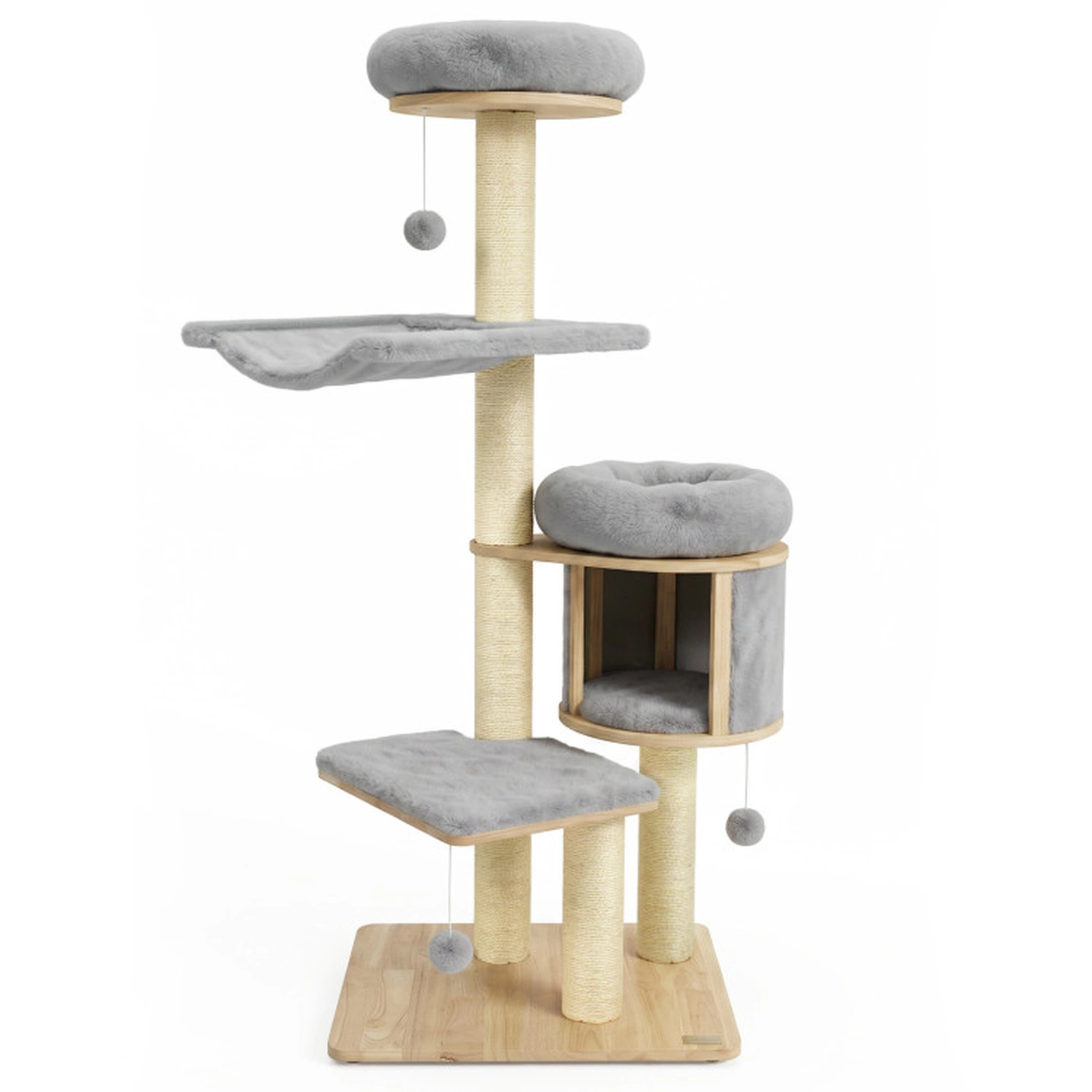 SUGIFT 55-in Solid Rubber Wood Cat Tree with Condo Hammock and Scratching Posts 33-lb Capacity Natural + Gray