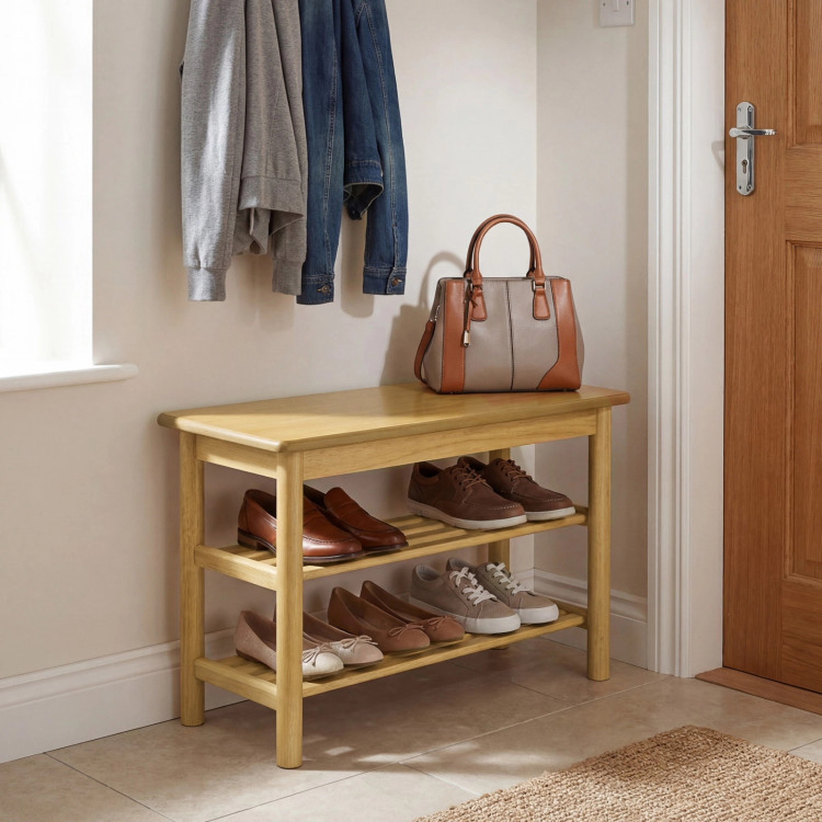 SUGIFT Natural Slatted Shelves 3-Tier 24 Inch Rubberwood Shoe Rack Bench Shoe Changing Bench