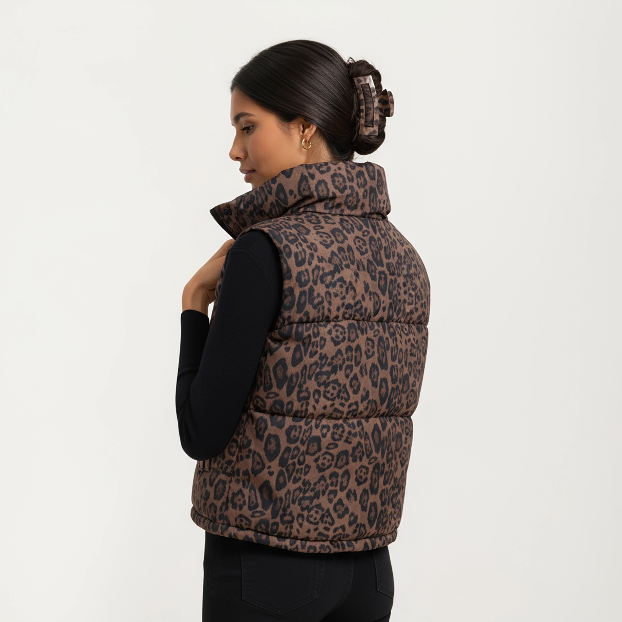 Anna-Kaci Women's Leopard Print Puffer Vest with High Stand Collar and Quilted Soft-Padded Body