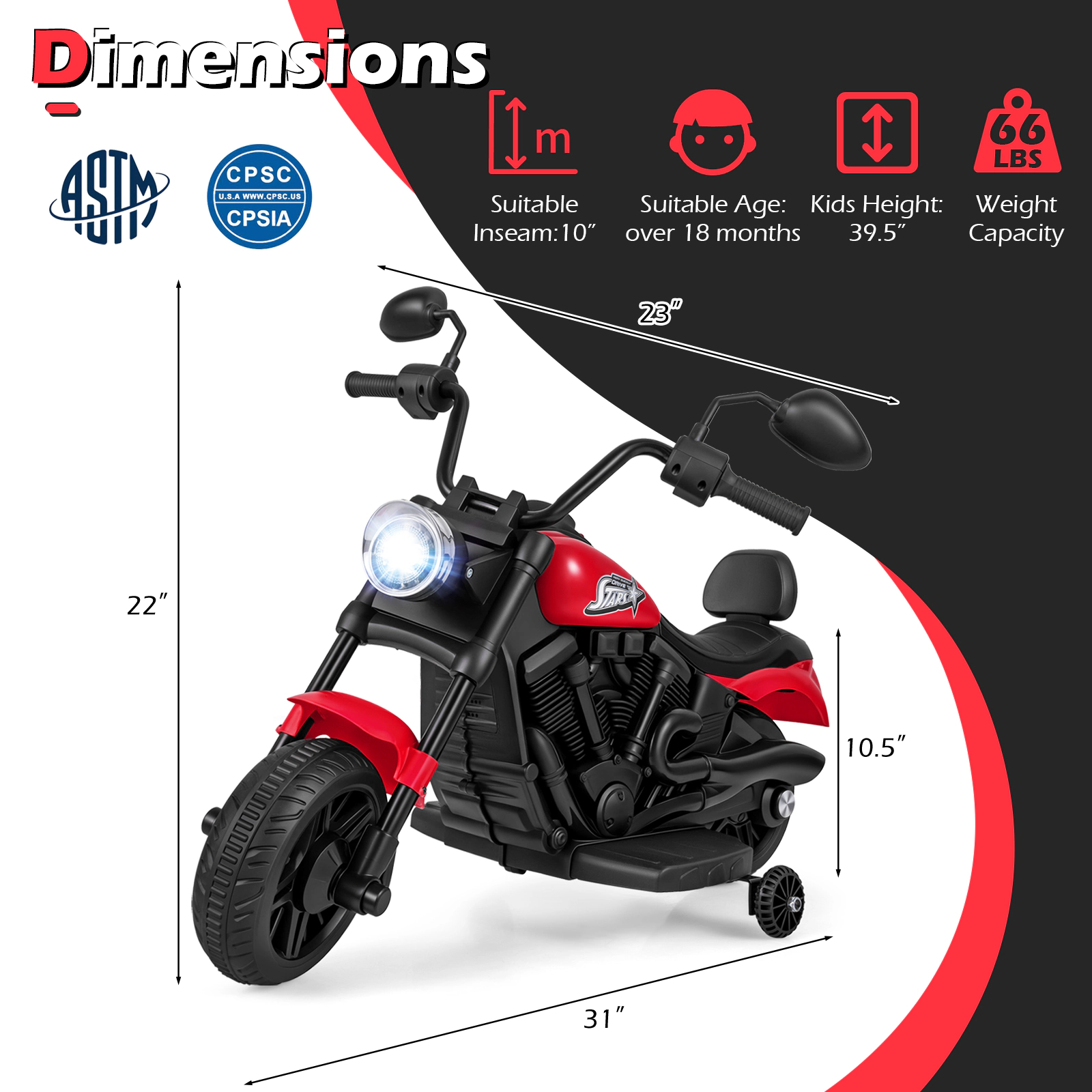 SUGIFT 6V Ride-On Kids Motorcycle with Headlight Music Training Wheels 66-lb Capacity Ages 3+ 31-in Long Red