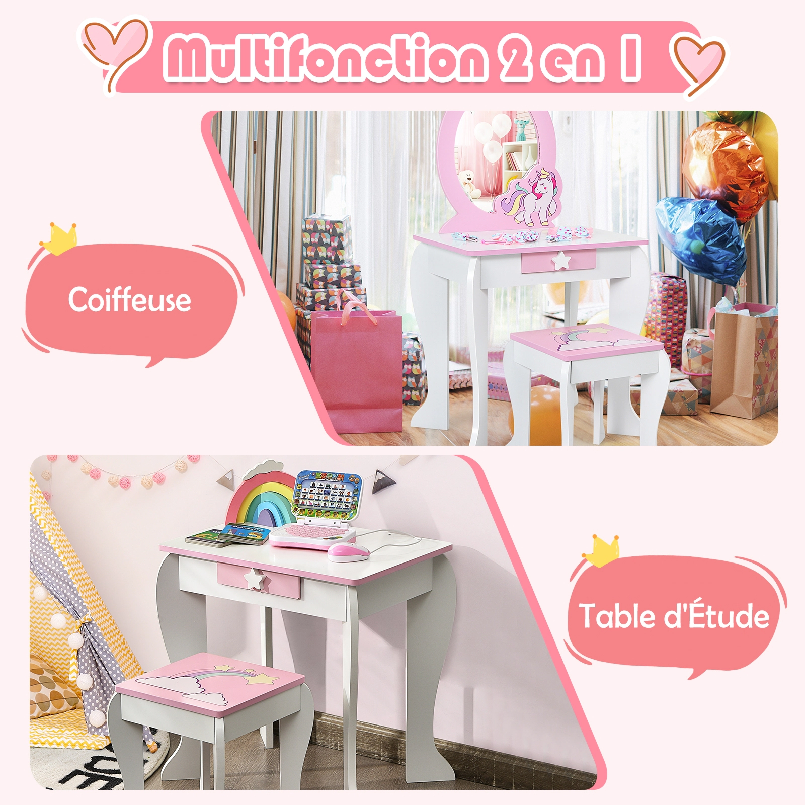 SUGIFT White and Pink Kids Vanity Table and Stool Set with Removable Mirror Top