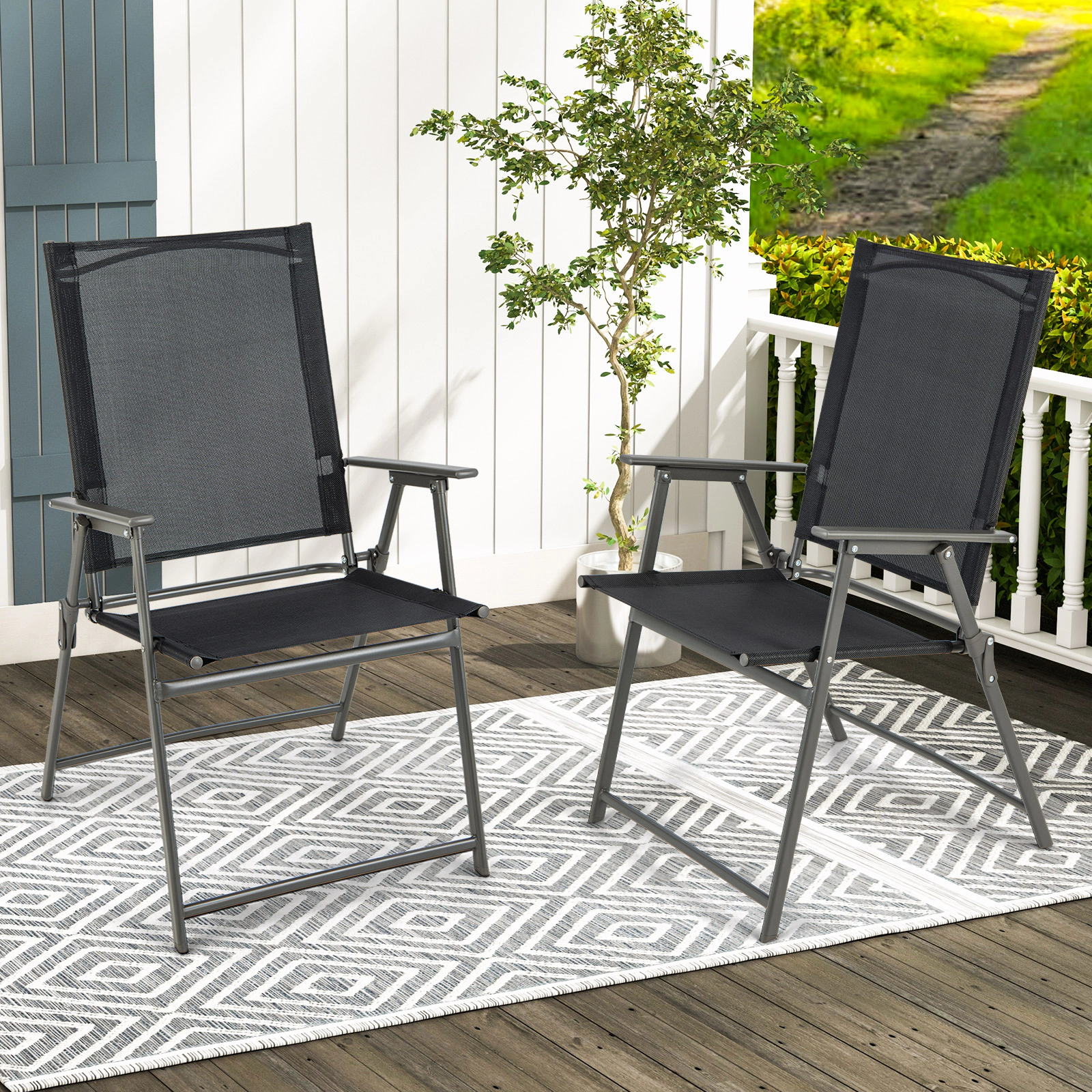 LJG 2 Pieces Patio Folding Chairs with Armrests for Deck Garden Yard