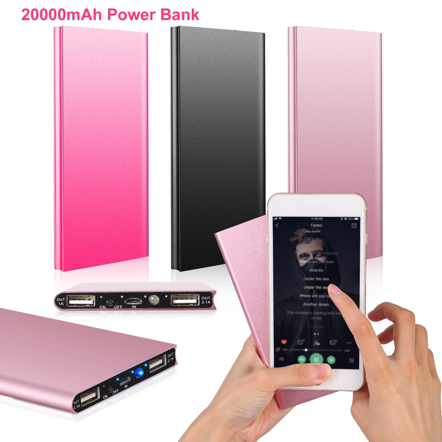 GBruno 20000mAh Dual-Port Power Bank With LED Light