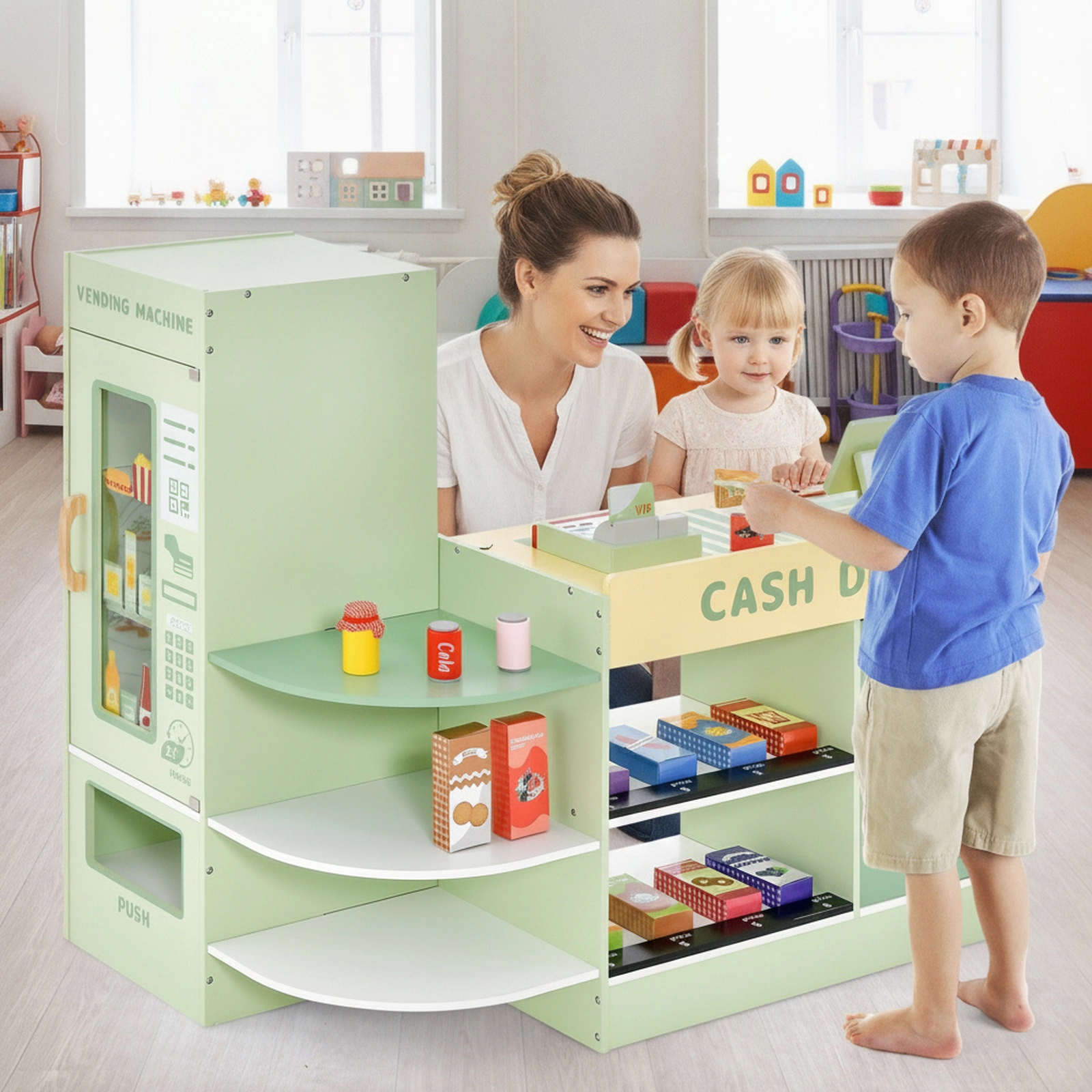Cash Register Supermarket Playset Vending Machine 3 Shelves 2 Display Racks 35-in Wooden Grocery Store Ages 3-8 Green