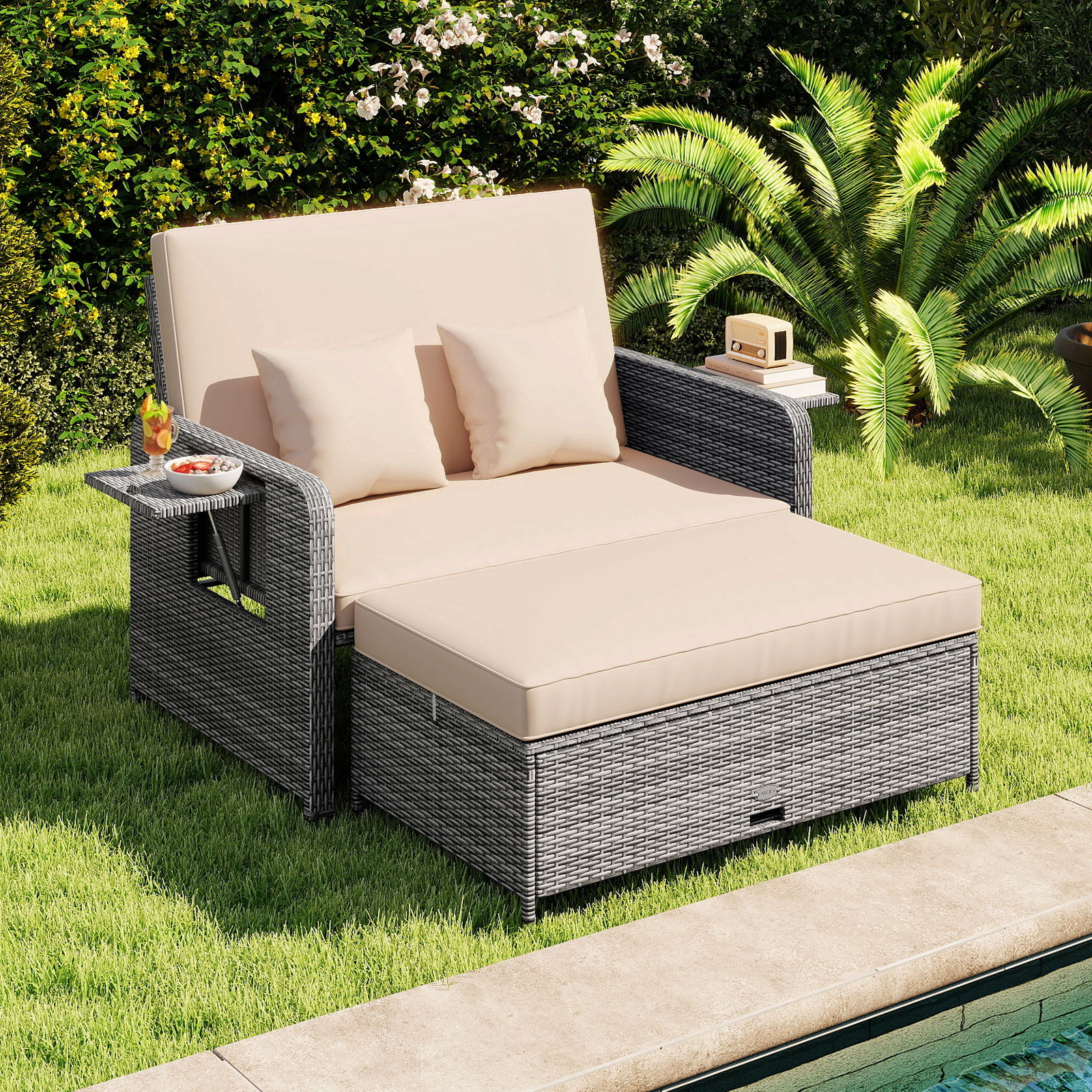 LJG Wicker Loveseat Sofa with Multipurpose Ottoman and Retractable Side Tray