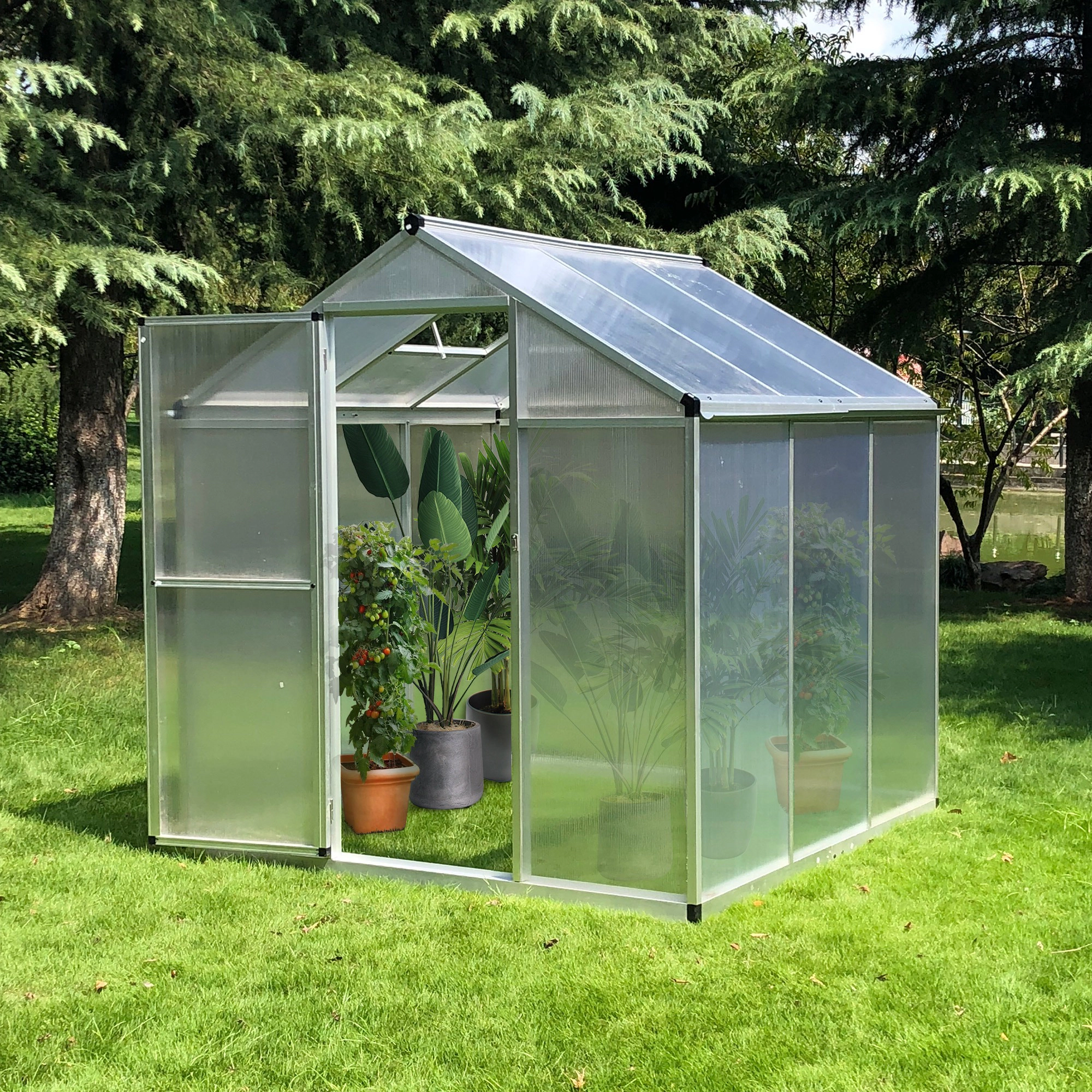 HONGGE Walk-In Polycarbonate Greenhouse with Roof Vent, Greenhouse for Winter