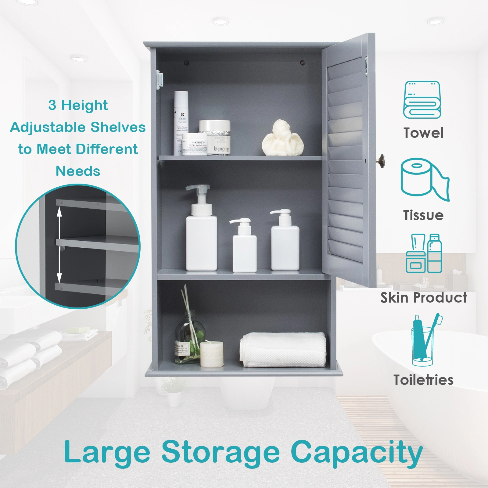 SUGIFT Wall Mount Louvered Single Door Bathroom Storage Cabinet 16.5-in x 6.5-in x 27.5-in 46-lb Capacity Gray