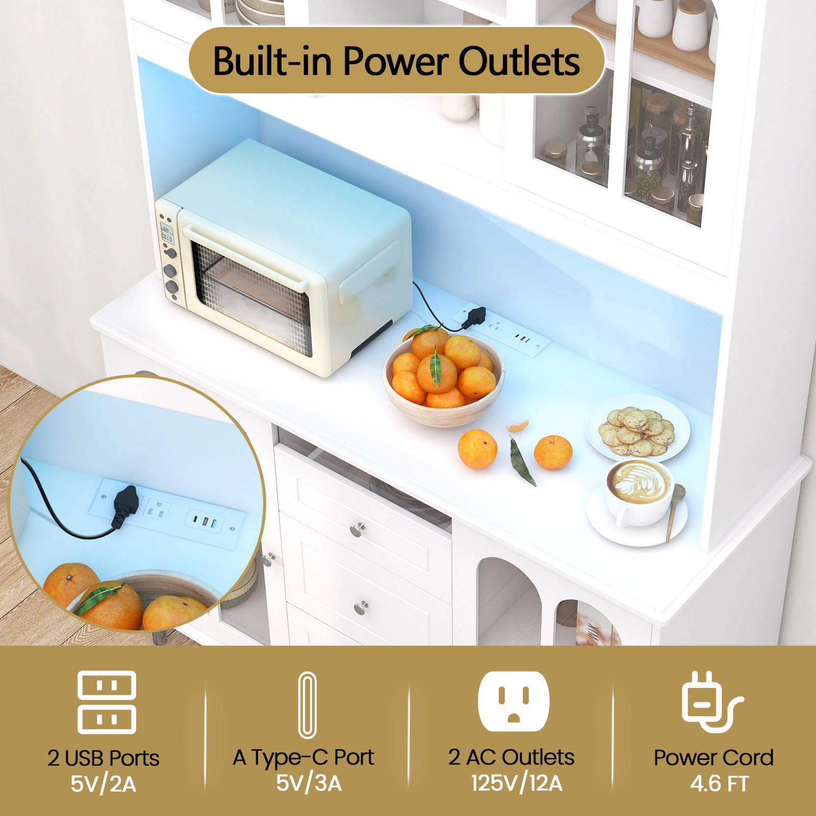 Hivvago 73 Inch Kitchen Pantry Storage Cabinet Freestanding Buffet Cabinet with LED Lights