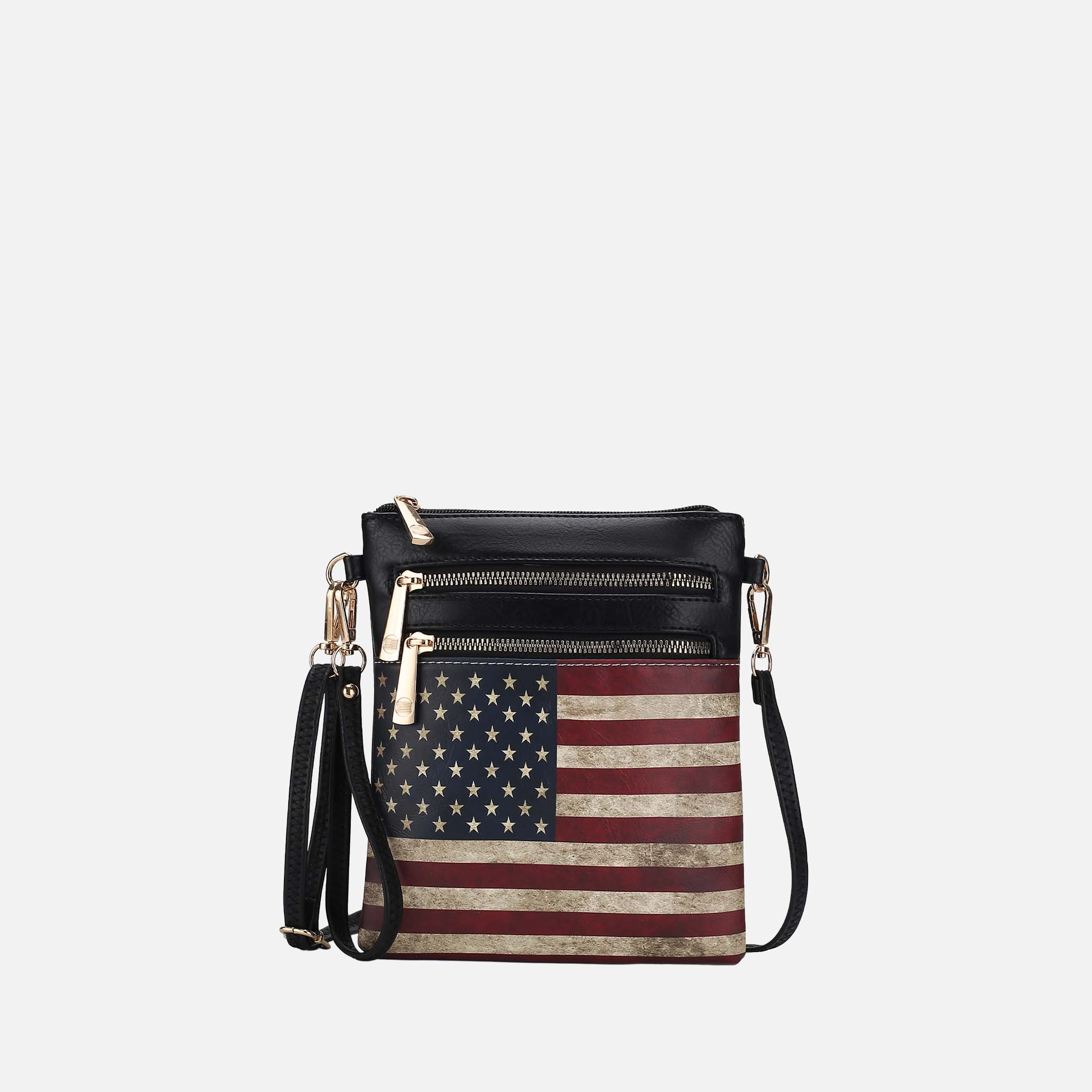Mia K Collection Genesis Crossbody Bag - Vegan Leather Patriotic Flag Print, Removable Adjustable Strap