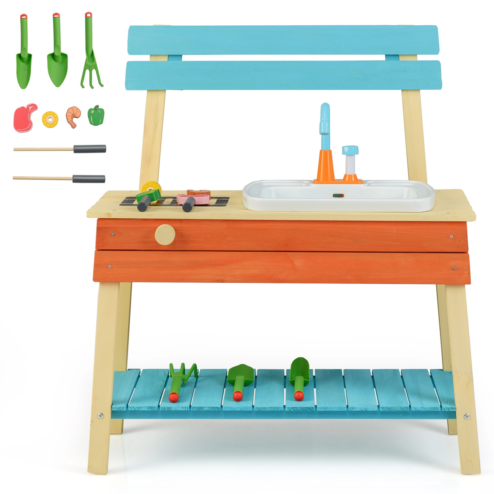 SUGIFT Wooden Mud Play Kitchen Set with Grill Rack Sink and Gardening Tools Ages 3-8 Multi-Color