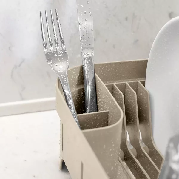 OU Dish Drying Rack for Kitchen Counter, Freestanding Plastic Strainer with Utensil Holder, Compact Drain