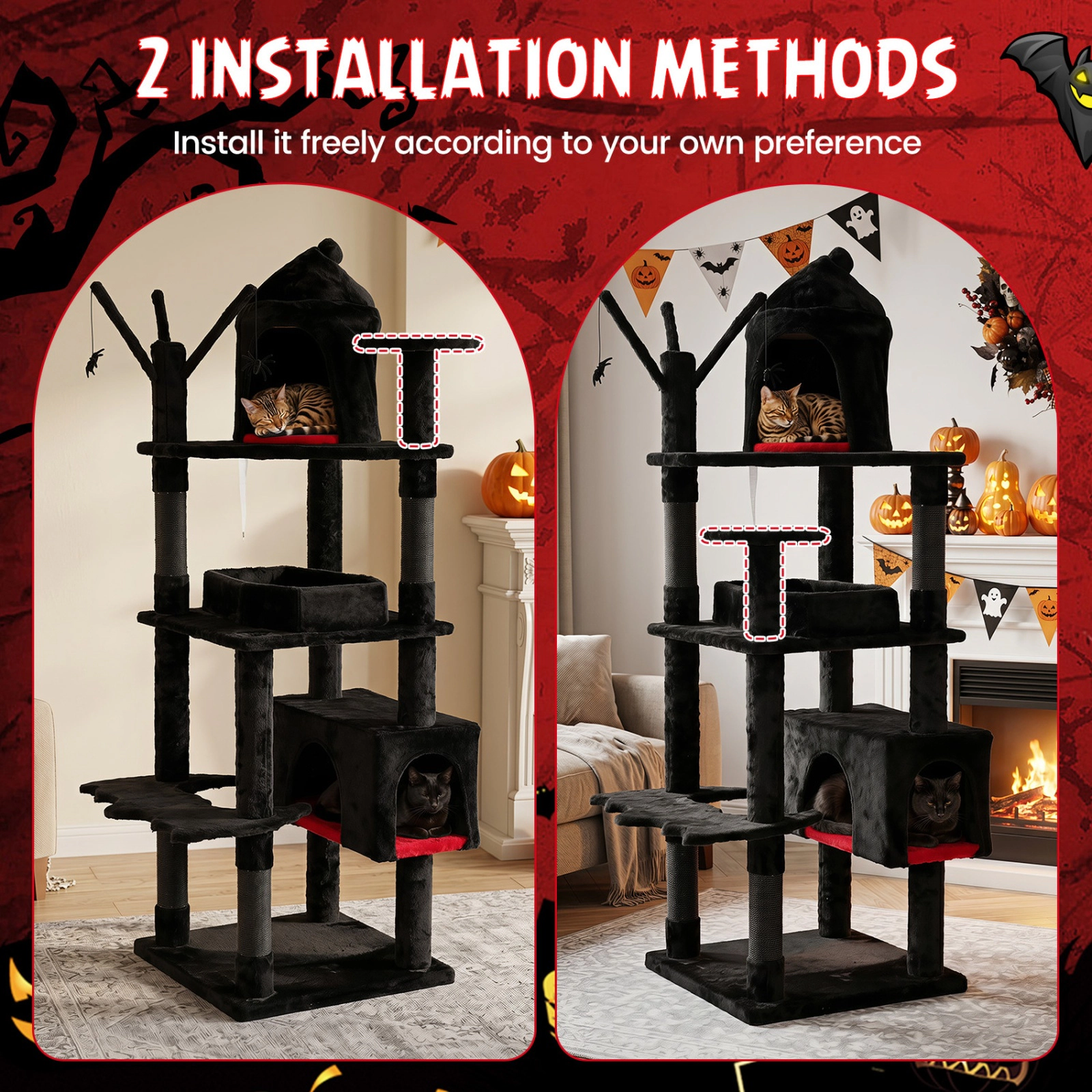 SUGIFT 70 in Gothic Cat Tree Black and Red with Castle Condo Coffin Bed and Anti-Tipping Kit