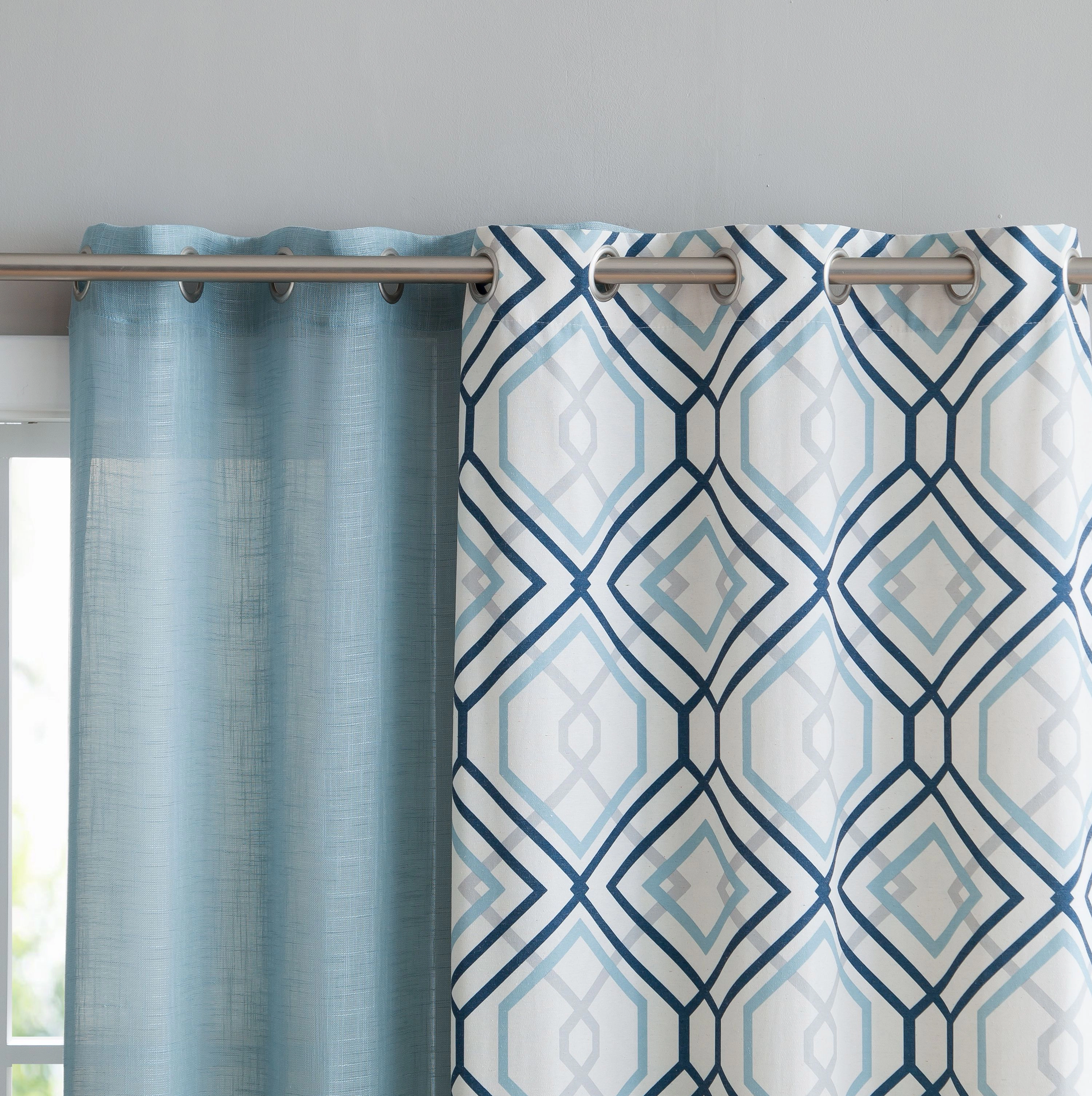 Kate Aurora Coordinating 4 Piece Geometric & Solid Grommet Top Window Curtain Set