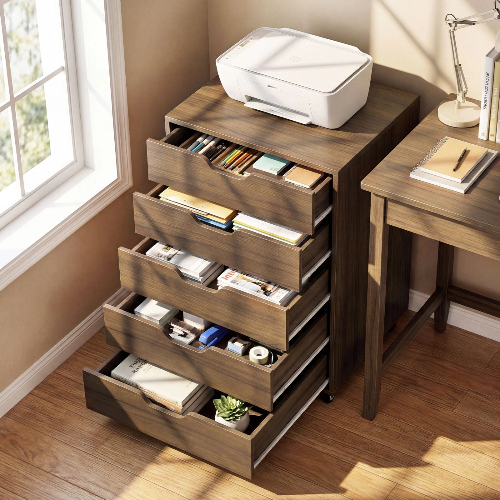 SUGIFT Walnut Locking Wheels for Home Office 5 Drawer Mobile File Cabinet