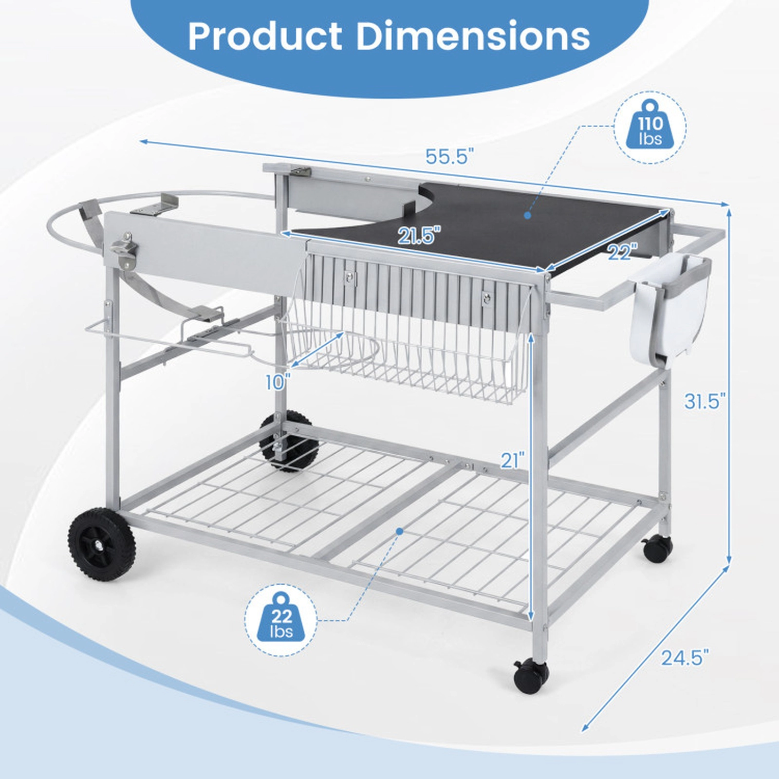 SUGIFT Black Rolling Grill Cart Table with Lid Holder and Seasoning Rack 55.5-in W 24.5-in D 31.5-in H