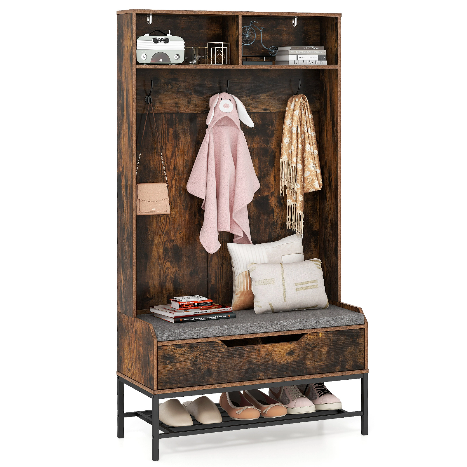 SUGIFT Rustic Brown 67-in Tall Hall Tree with 330-lb Lift-Top Bench 3 Hooks and Entryway Shoe Rack