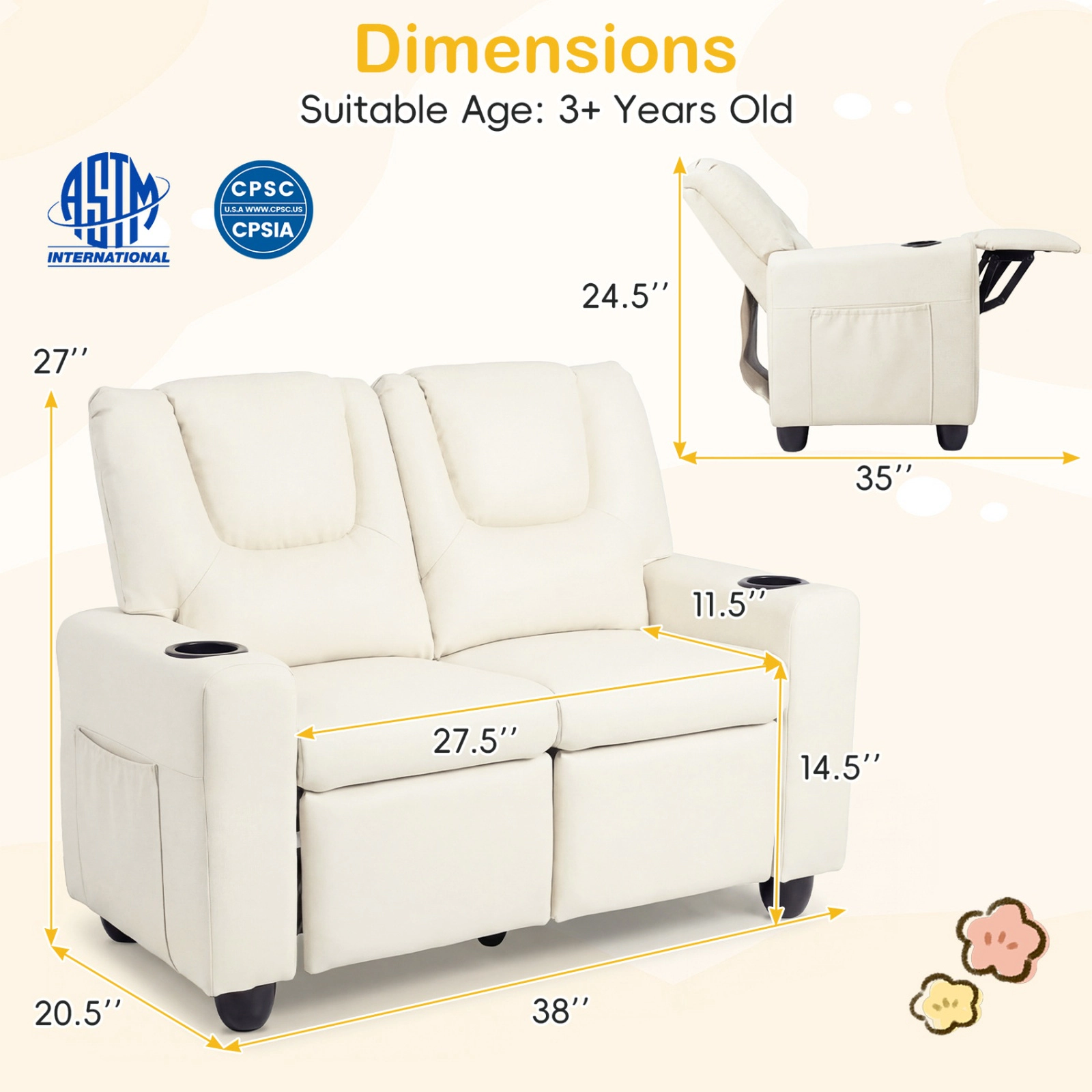 SUGIFT Adjustable 2-Seater Kids Recliner Double Toddler Sofa Chair Cup Holders 330-lb Capacity Ages 3+ 38-in Wide Beige
