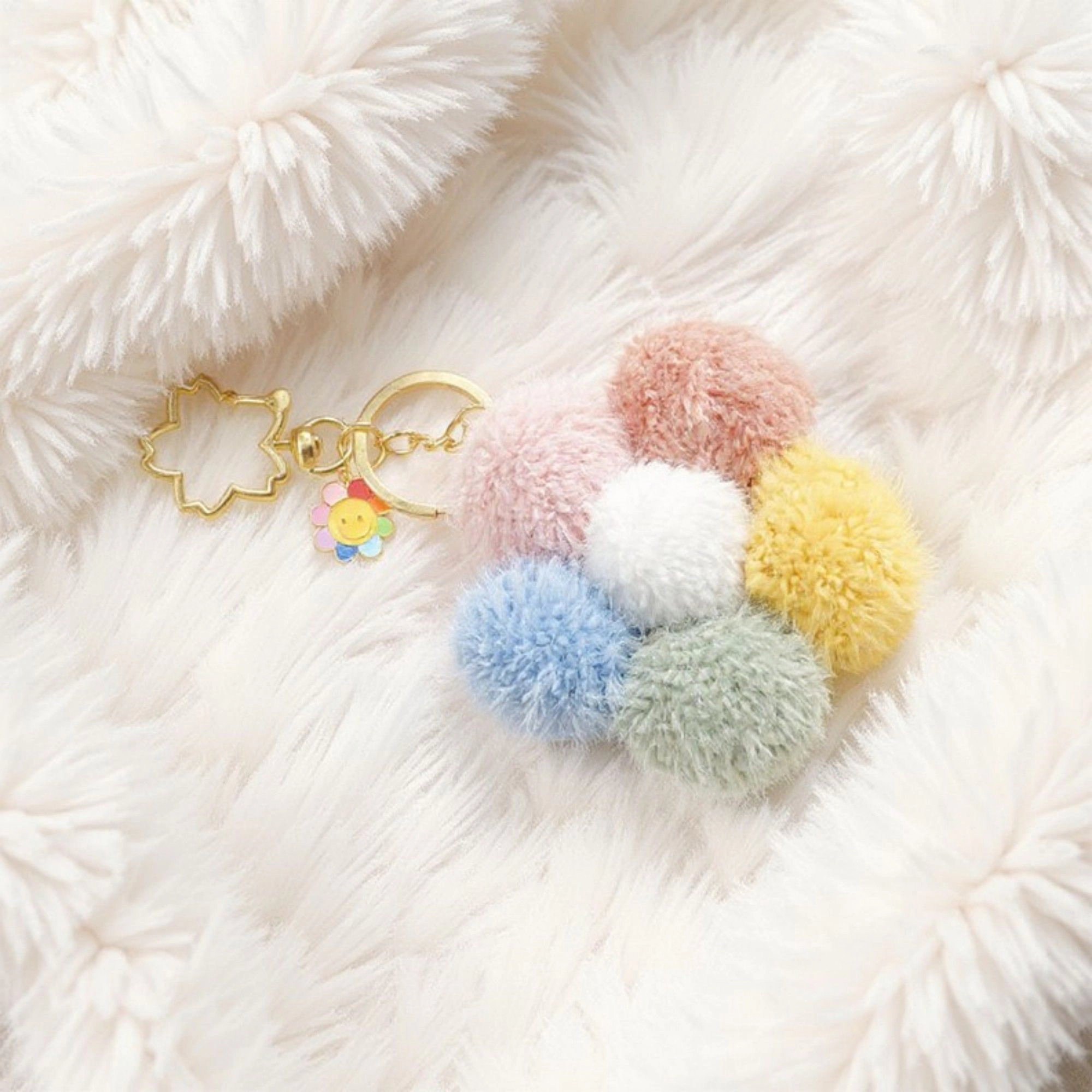 Alilang Women's Multicolor Pom Pom Keychain with Gold Flower Charm and Smiley Accent