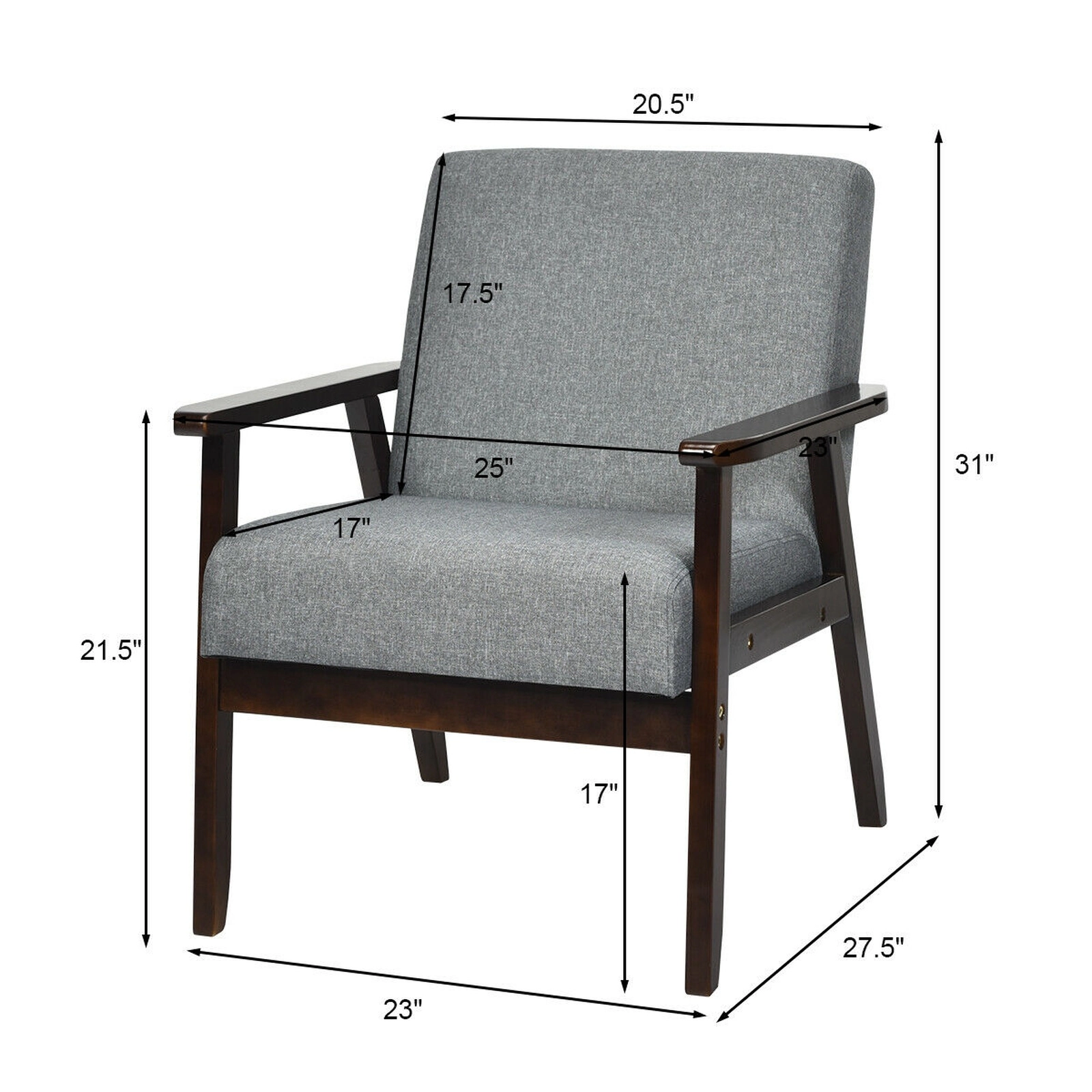 SUGIFT Accent Armchair Gray Linen Upholstered Chair with Solid Rubber Wood Frame