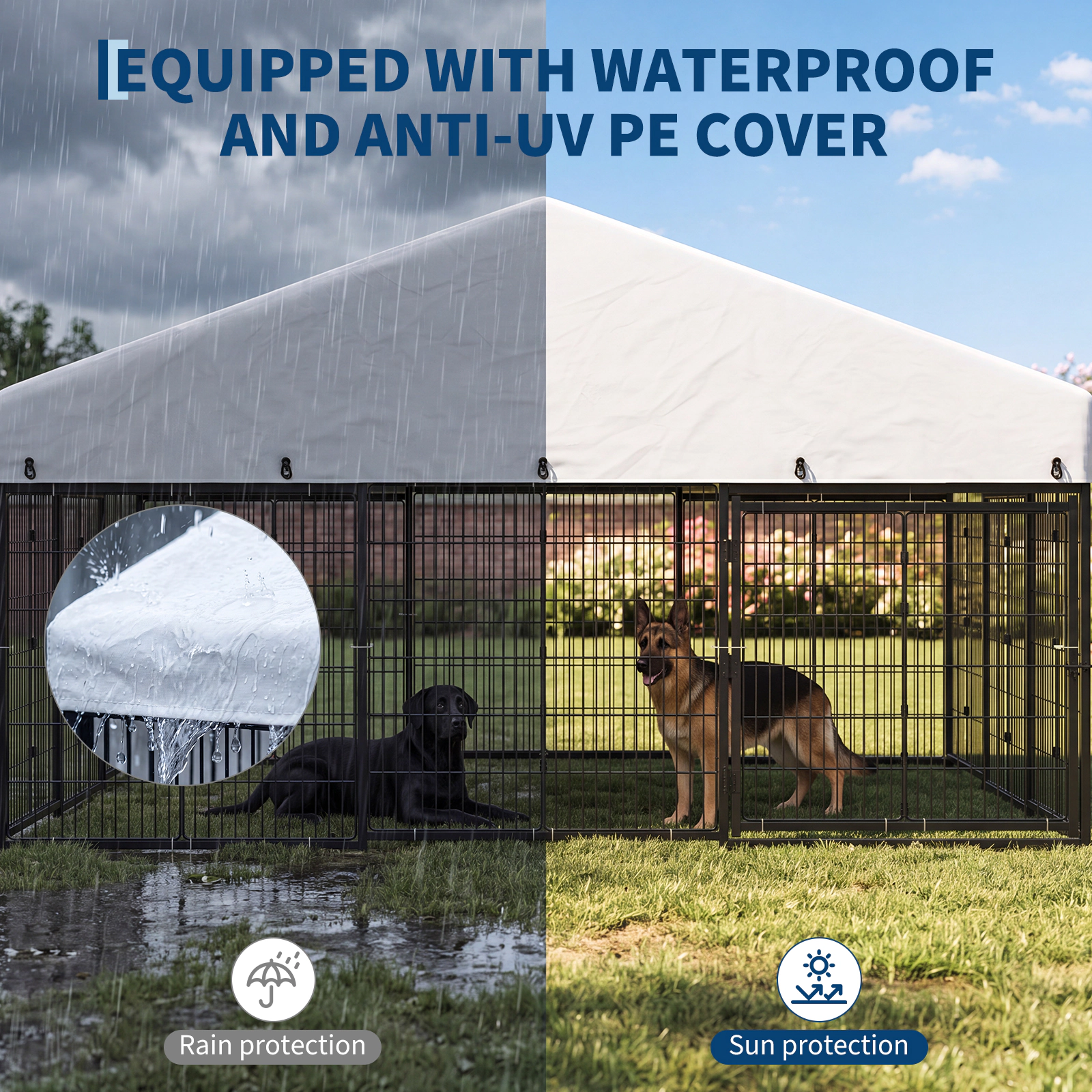 Petony Large Outdoor Dog Enclosure, Heavy Duty Galvanized Steel Cage with Roof & Double Safety Locks