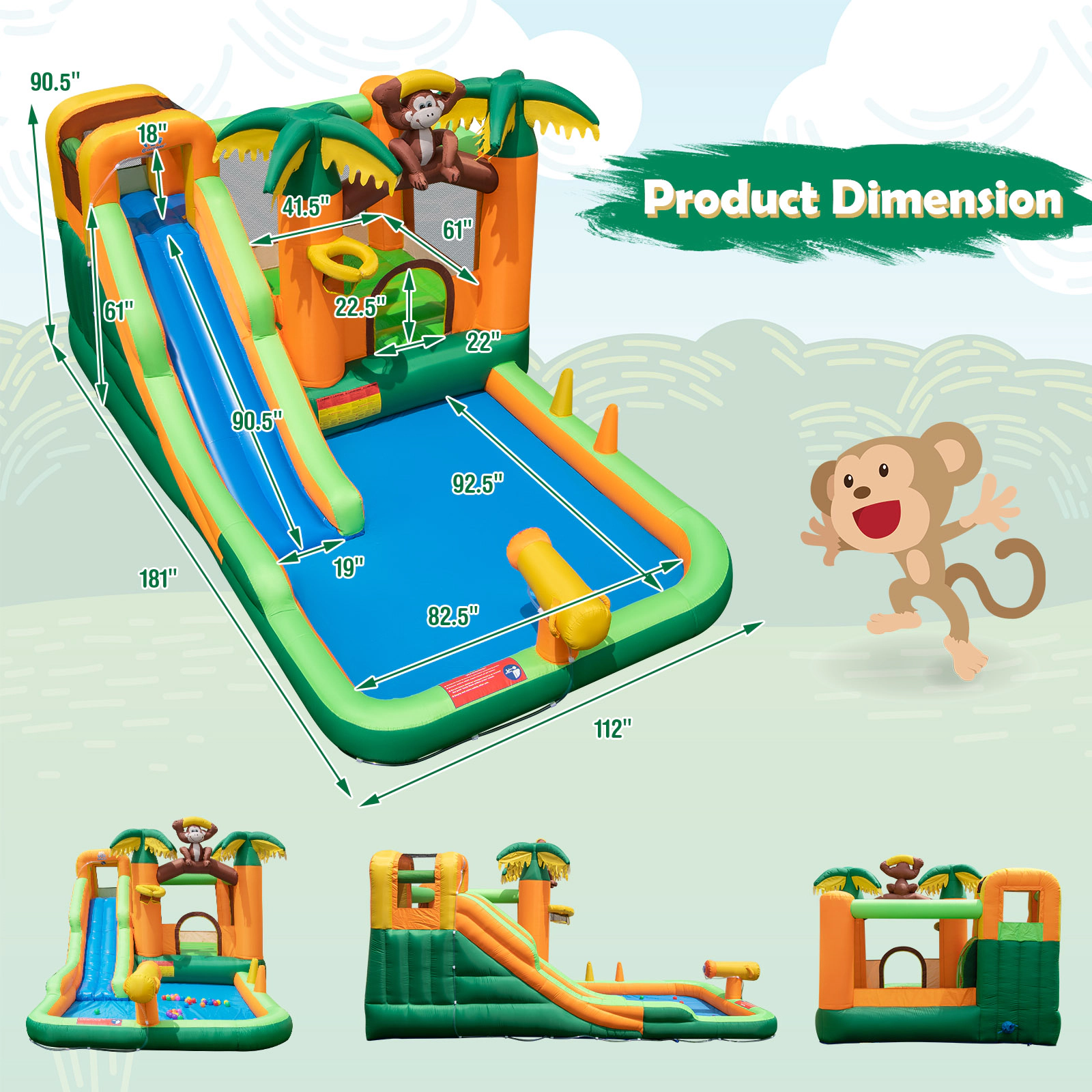 SUGIFT Monkey Themed Jumping Area Splash Pool and 680W Blower Kids Inflatable Water Slide