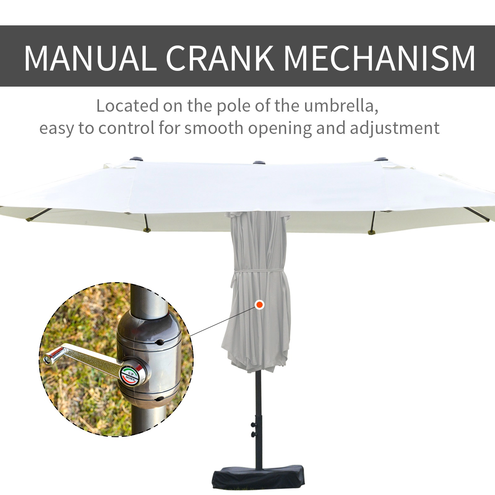 HONGGE Patio Umbrella 15' Steel Rectangular Outdoor Double Sided Market with base UV Sun Protection & Easy Crank for