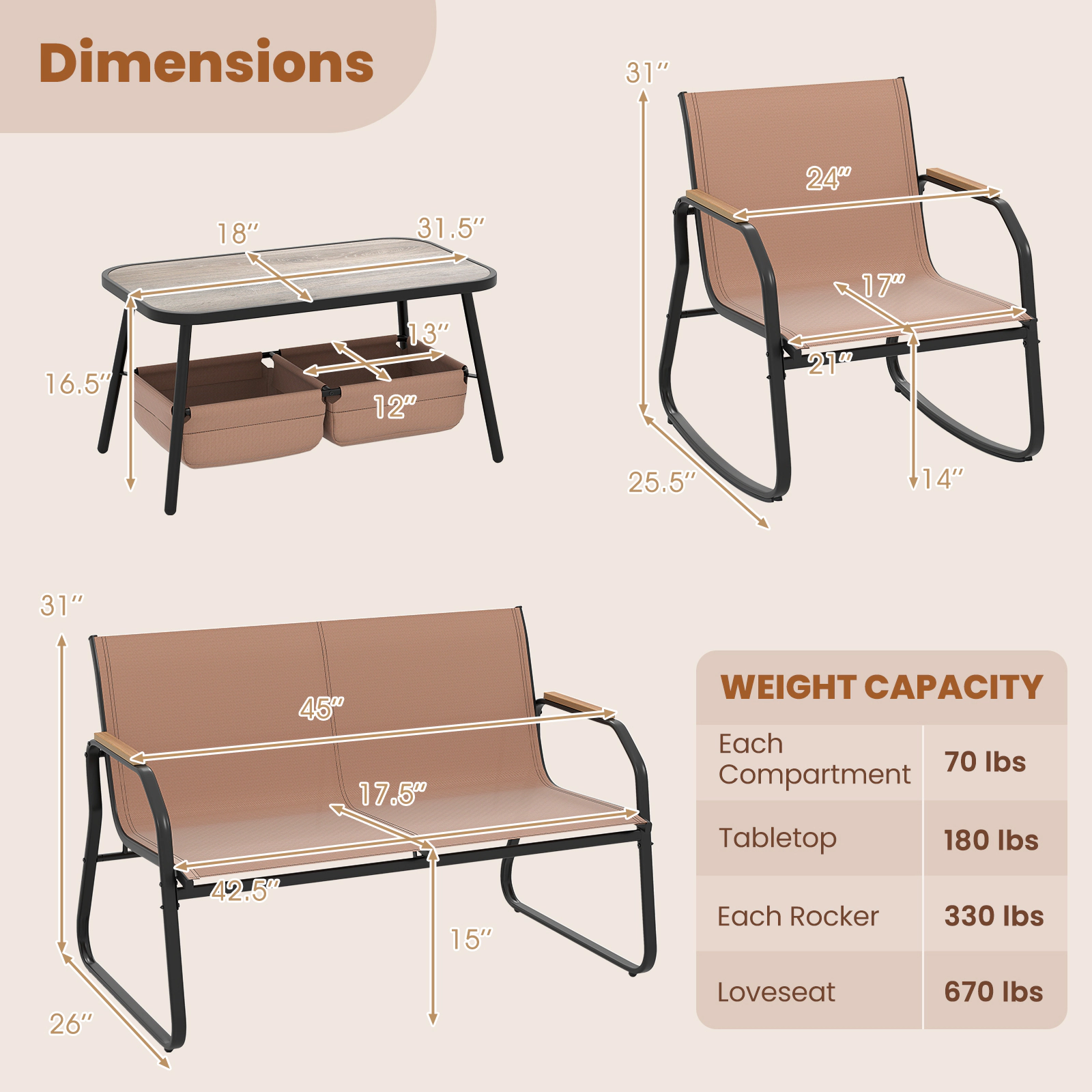 SUGIFT 4 Piece Patio Set Coffee with Rocking Chairs Loveseat and Storage Coffee Table