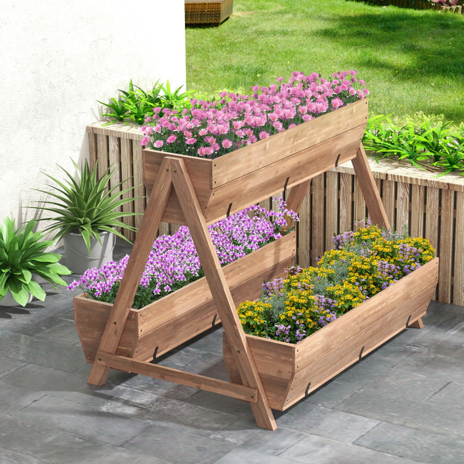 SUGIFT Brown Wood Vertical Raised Garden Bed with 3 Planter Boxes and A-Shaped Frame 44-in W 36-in D 35-in H