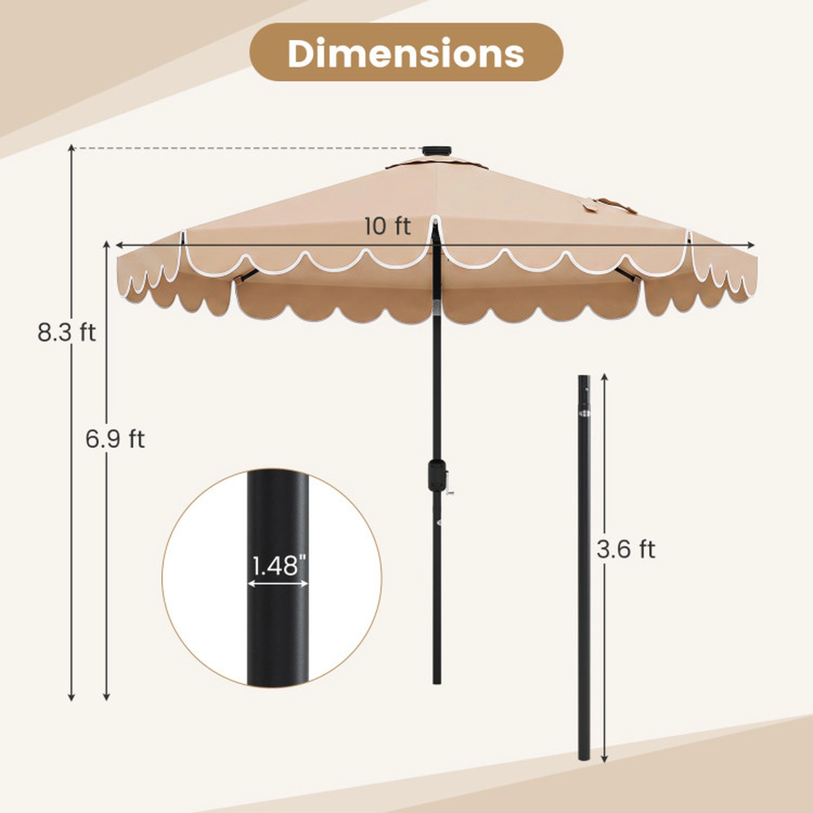 SUGIFT 10 ft Beige Solar LED Patio Umbrella, 24 Lights, 8 Ribs, Ruffled Edge, Push-Button Tilt