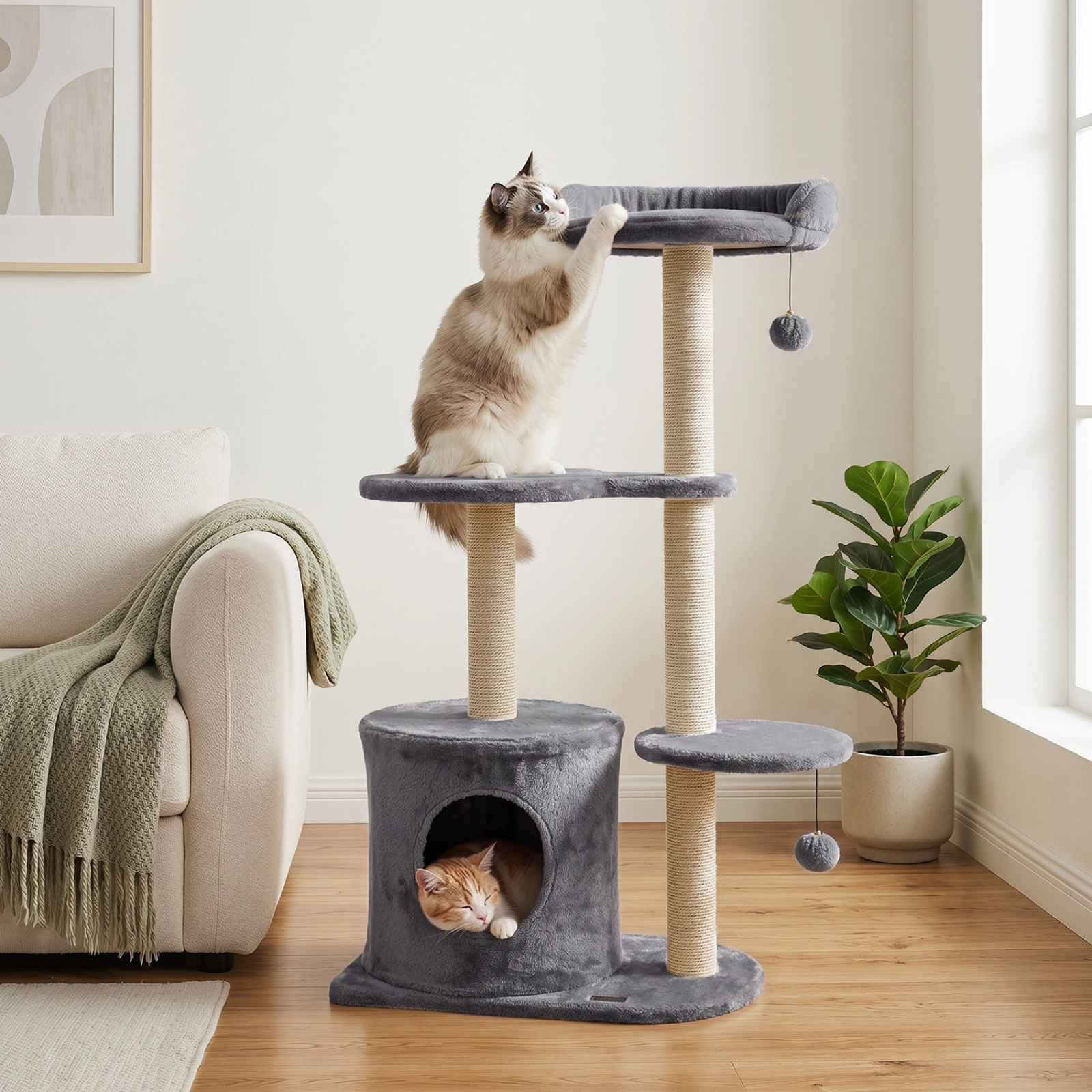 SUGIFT 43-in Gray Cat Tree Tower with Round Plush Perches and Sisal Scratching Posts 23-in Base W