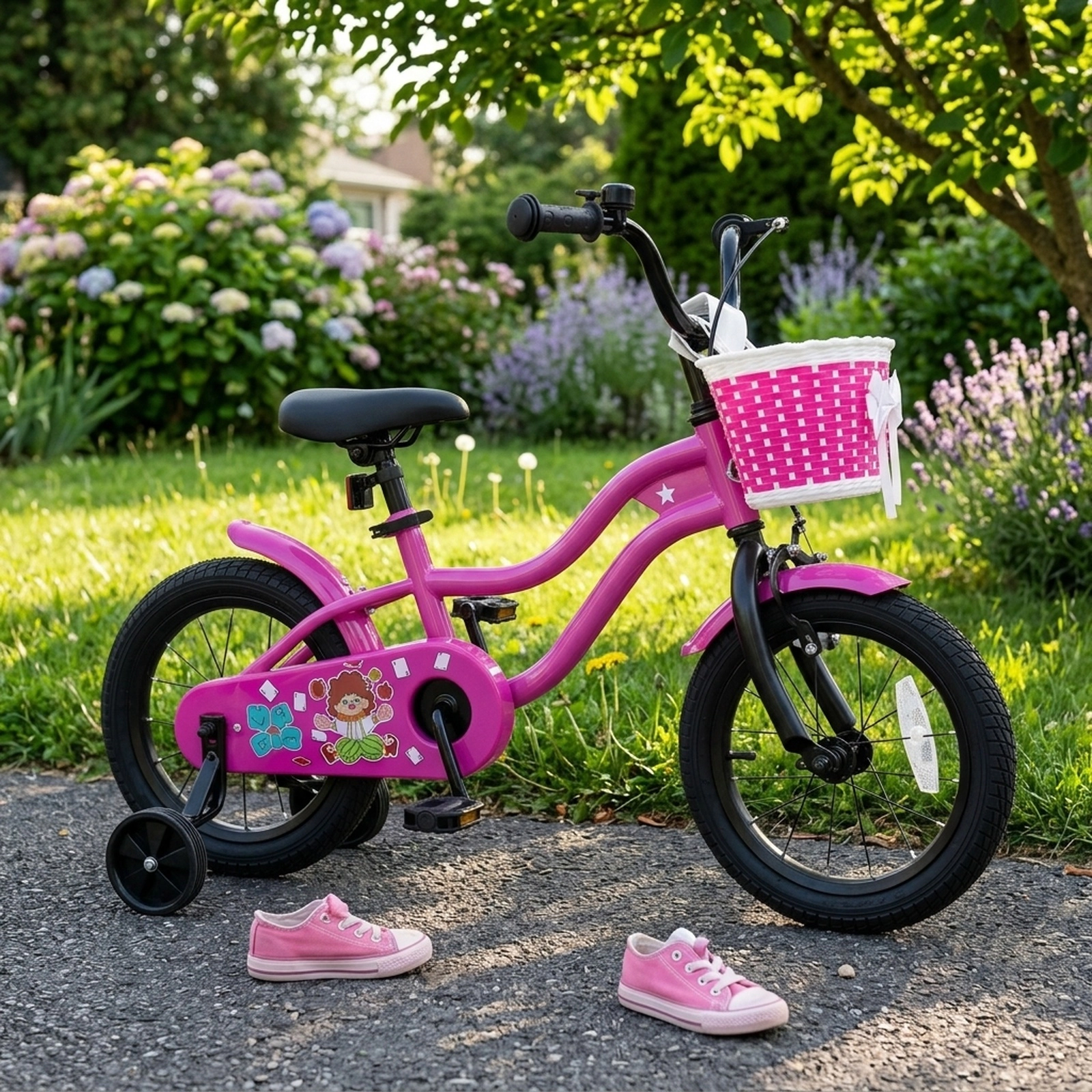 14-in Kids Bike Removable Training Wheels Ages 3-5 Rose Toddler Bicycle Front Basket Bell Mudguards 110-lb Capacity